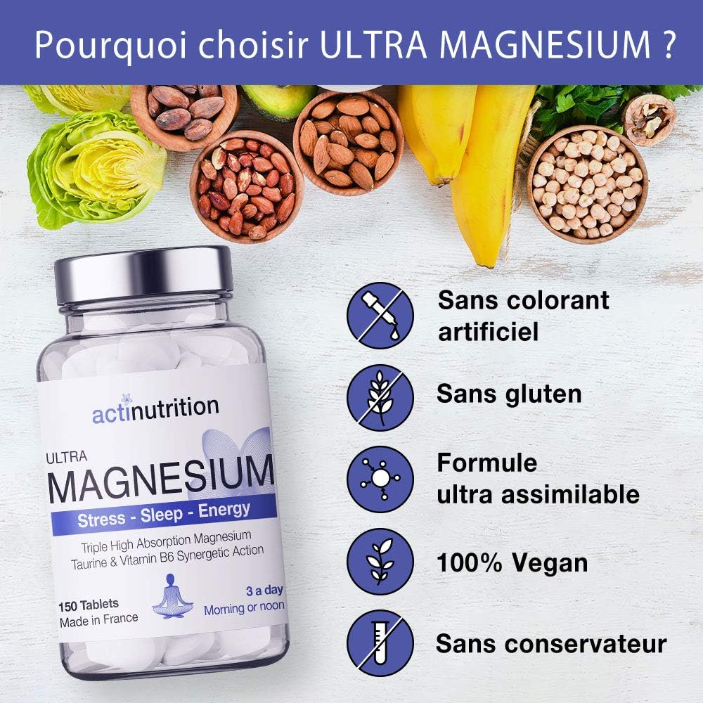 ULTRA Magnesium | Ultra-Assimilable Bisglycinate, Citrate and Magnesium Malate | Taurine, B6 & B8 | Stress, Sleep & Vitality | Vegan & Gluten Free | 414mg/d 150 tablets | Made in France - Image 3