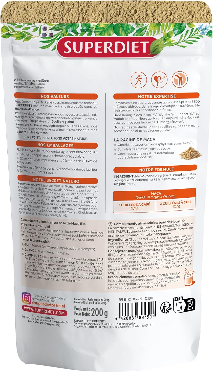 SUPERDIET - MACA BIO -Physical and mental performance, Couple health - Made in France -Paper bag with resealable zip-Powder 200g - Image 3