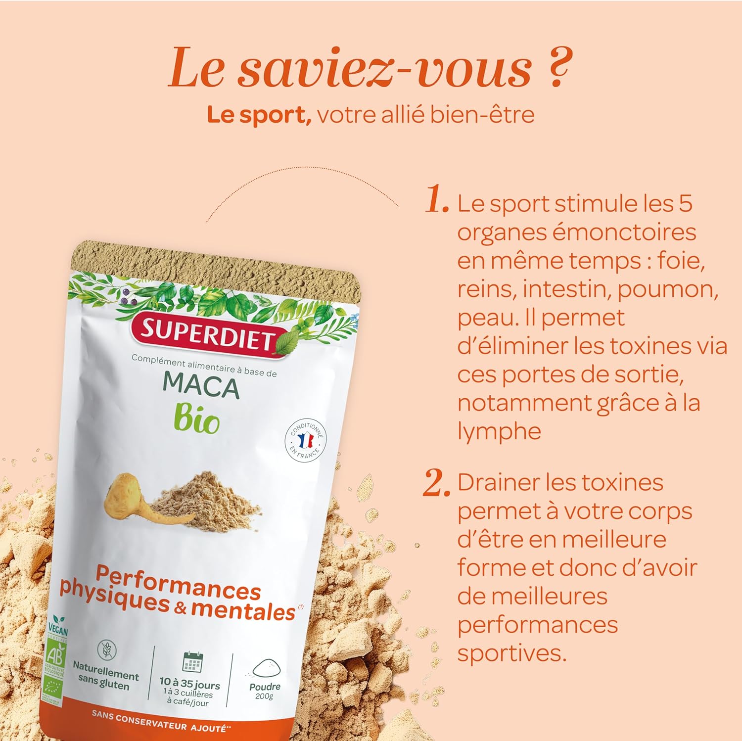 SUPERDIET - MACA BIO -Physical and mental performance, Couple health - Made in France -Paper bag with resealable zip-Powder 200g - Image 6