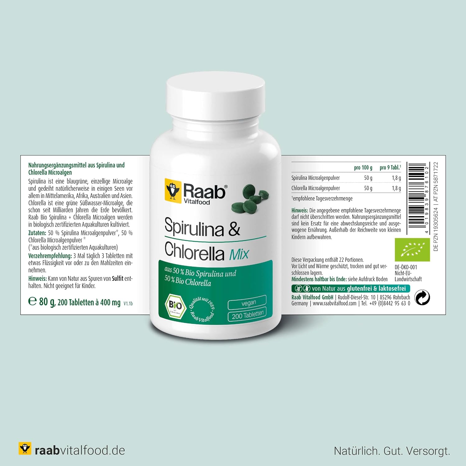 RAABVITALFOOD ALGA SPIRULINA+CHLORELLA 440mg 200 comp – easy to integrate into the daily routine, box of 200 tablets, is taken daily as directed and is designed for use in - Image 3