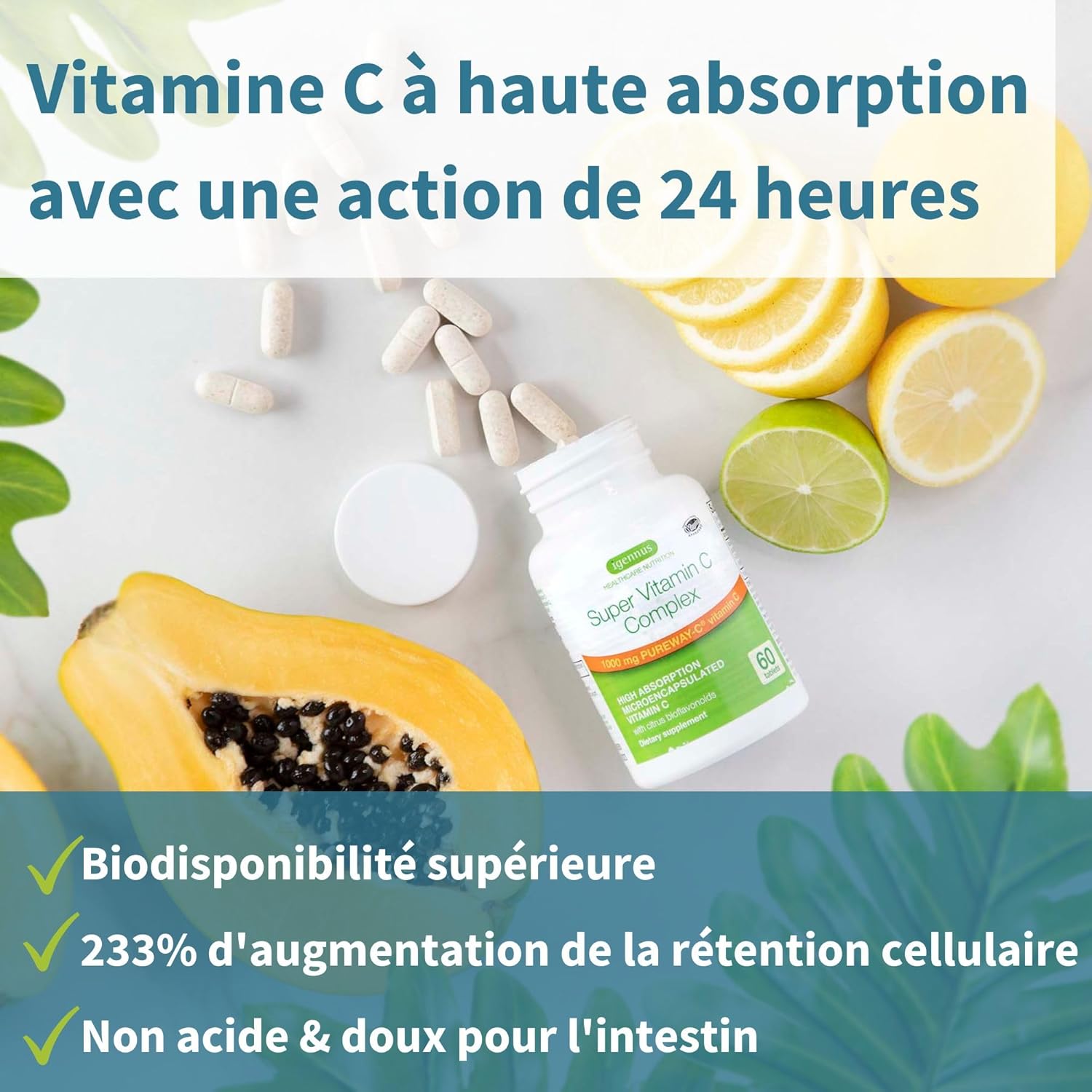 Super Vitamin C Complex, Vitamin C Complex 1000mg, Pureway-C with Citrus Bioflavonoids, High Dose for 24 Hours Immune Support, Vegan, 60 Tablets - Image 3