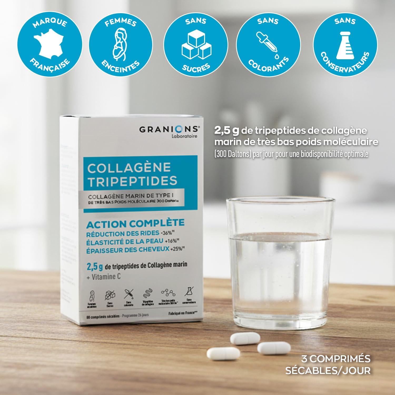 GRANIONS COLLAGENE MARIN TRIPEPTIDES 2.5 g - Anti Wrinkle Marine Collagen Tripeptides (-36%) + Skin Elasticity (+16%) - Vitamin C - Skin & Hair Beauty - Made in France - Sugar Free -80 Tablets - Image 3