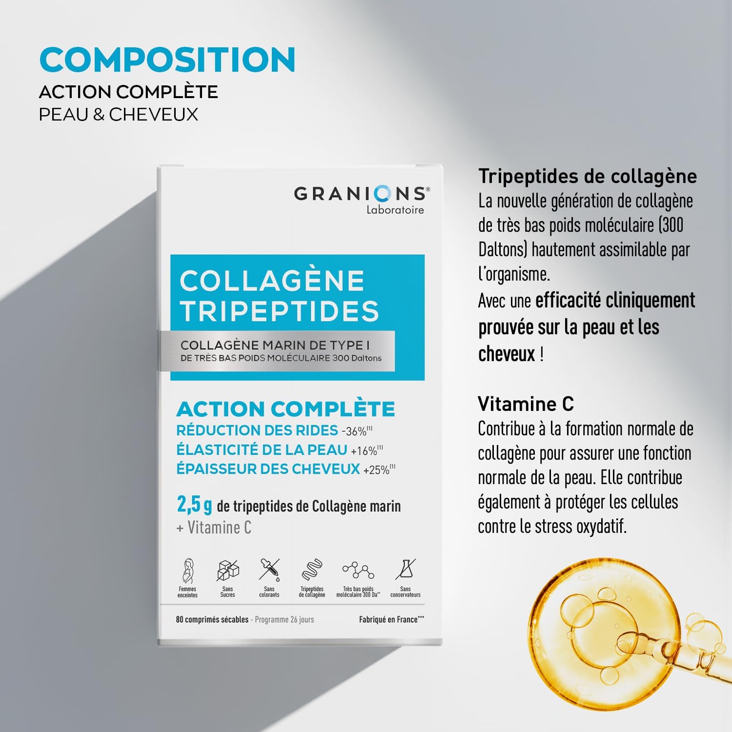 GRANIONS COLLAGENE MARIN TRIPEPTIDES 2.5 g - Anti Wrinkle Marine Collagen Tripeptides (-36%) + Skin Elasticity (+16%) - Vitamin C - Skin & Hair Beauty - Made in France - Sugar Free -80 Tablets - Image 4