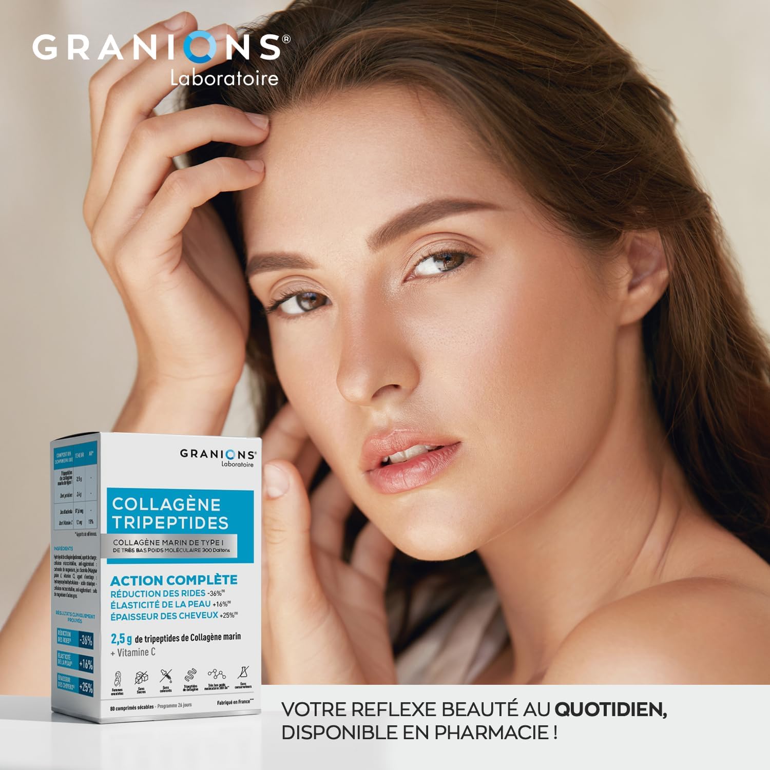 GRANIONS COLLAGENE MARIN TRIPEPTIDES 2.5 g - Anti Wrinkle Marine Collagen Tripeptides (-36%) + Skin Elasticity (+16%) - Vitamin C - Skin & Hair Beauty - Made in France - Sugar Free -80 Tablets - Image 7
