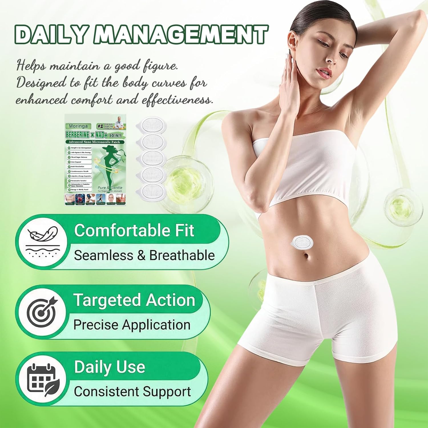 Moringa 10-in-1 Micro Needle Patch Nano with Berberine and NAD+, Slimming Flat Belly and Fat Burning Patch for Body Firming - Image 5