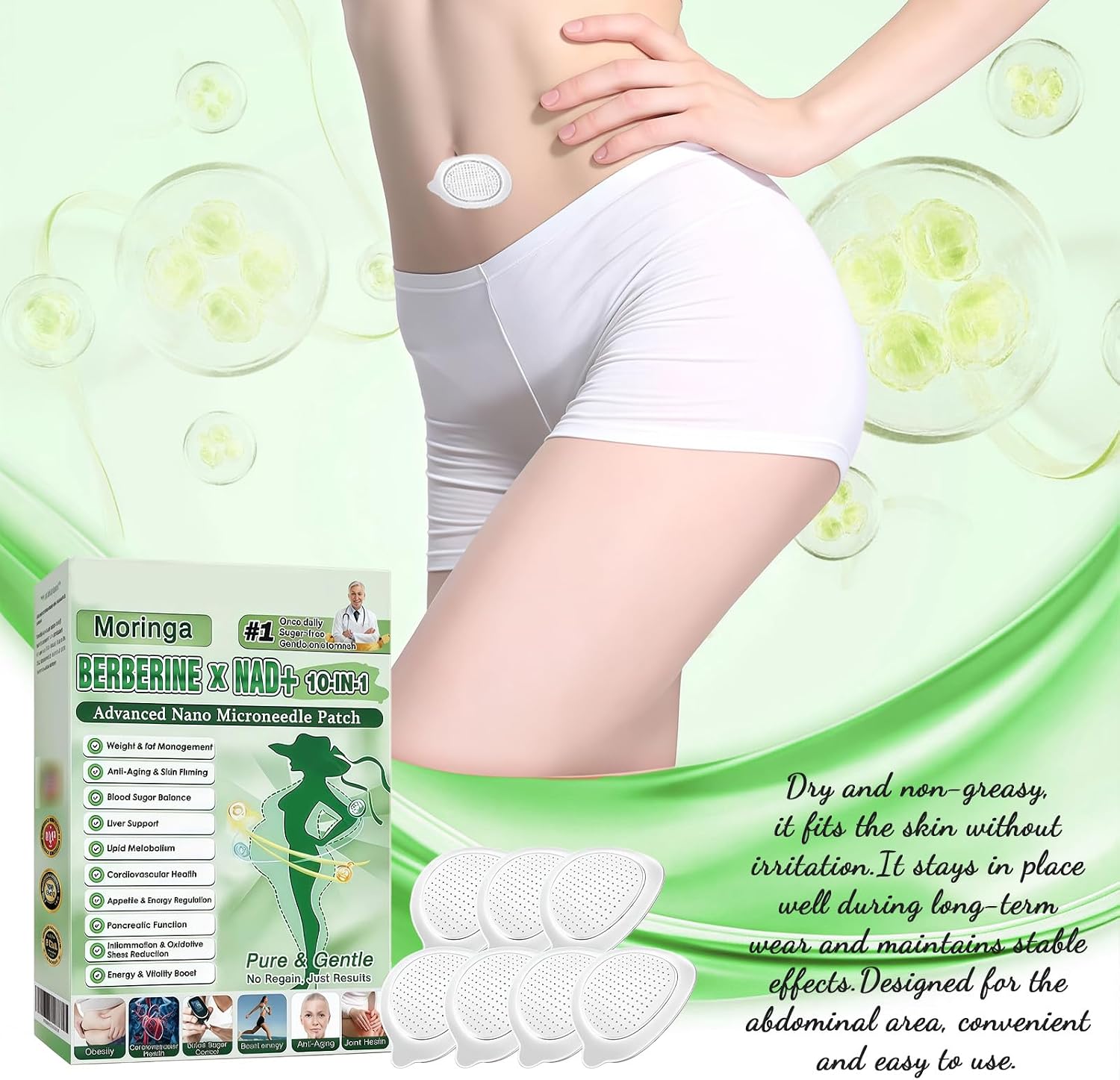 Moringa 10-in-1 Micro Needle Patch Nano with Berberine and NAD+, Slimming Flat Belly and Fat Burning Patch for Body Firming - Image 8