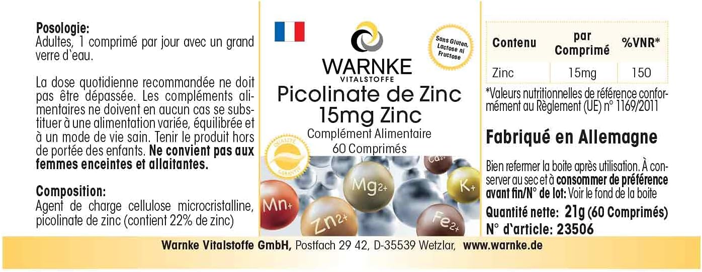Zinc 15mg - 60 tablets - Zinc Picolate - Minerals | Warnke Vitalstoffe - Quality from German Pharmacies - Image 8