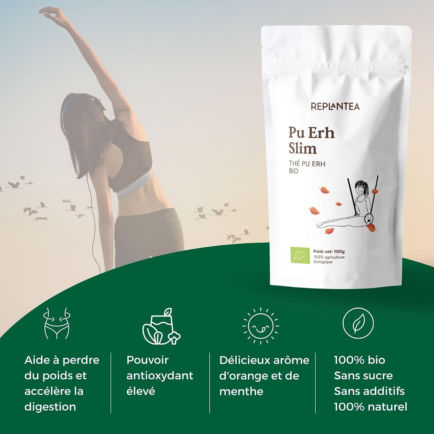 ERH SLIM ORGANIC PU TEA 100g (50 Cups) | Pu Erh Tea with Ginger, Orange, Green Tea, Matcha, Matcha, Mate, Dandelion REPLANTE - Image 3
