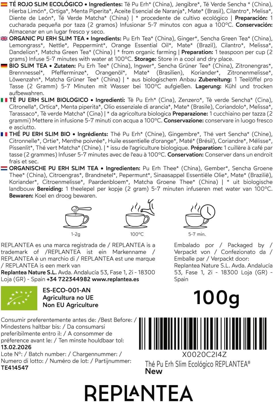 ERH SLIM ORGANIC PU TEA 100g (50 Cups) | Pu Erh Tea with Ginger, Orange, Green Tea, Matcha, Matcha, Mate, Dandelion REPLANTE - Image 7