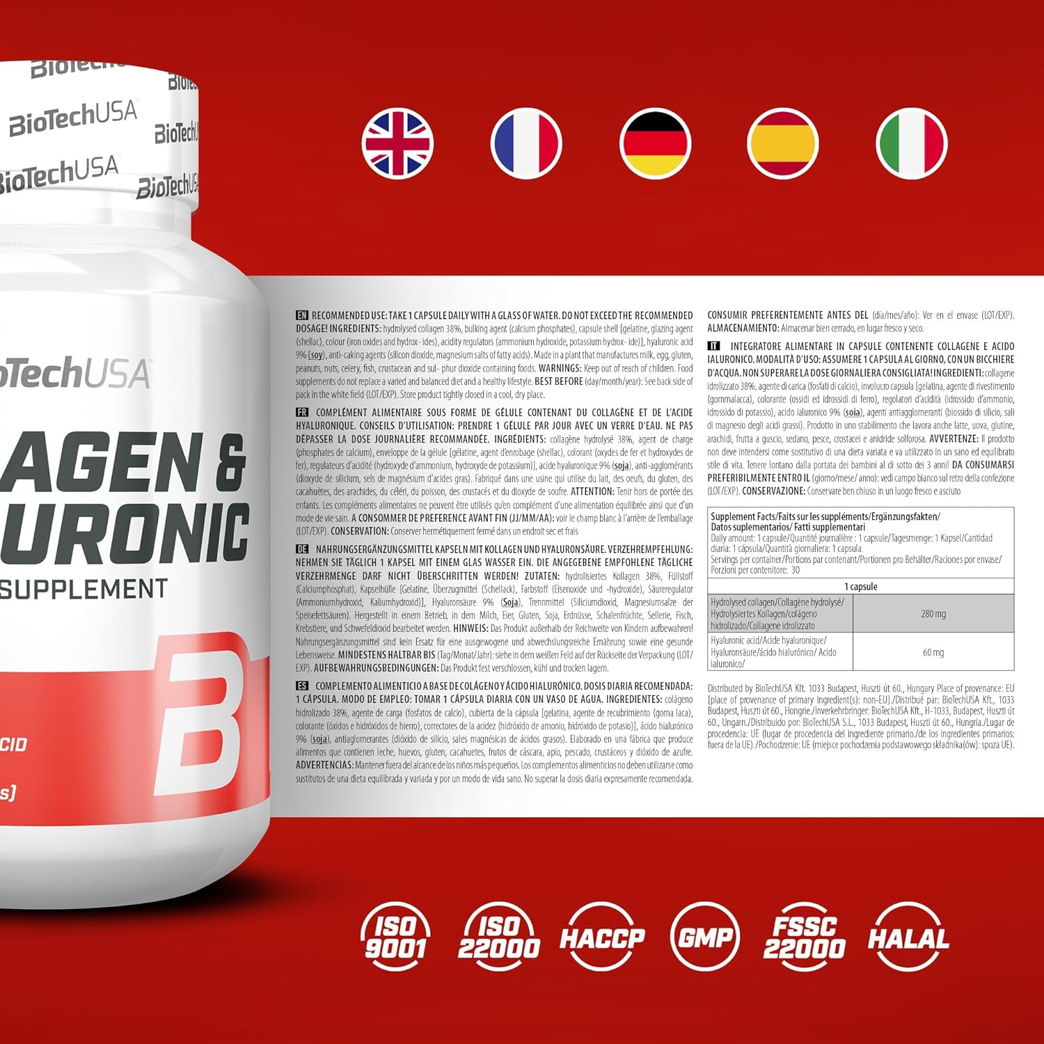 BioTechUSA Collagen & Hyaluronic | 280mg Collagen & 60mg Hyaluronic Acid Per Serving | Easy to Take | Gluten Free, 30 Capsules - Image 8