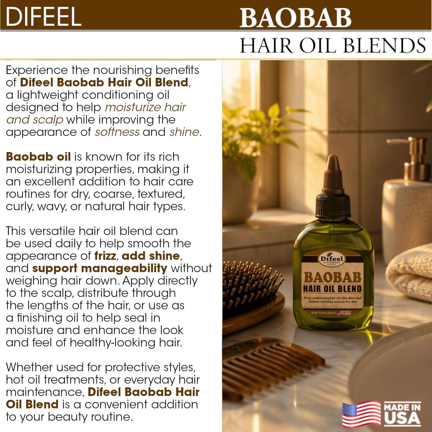Difeel Premium Deep Conditioning Natural Hair Care Oil - Baobab, nourishes dry skin, adds shine and balance, leaves hair silky and smooth 70g - Image 4
