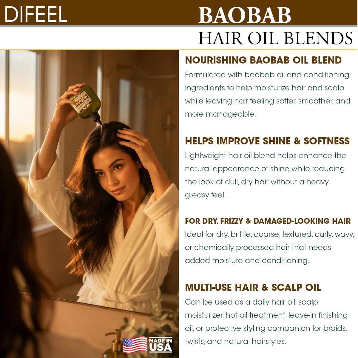 Difeel Premium Deep Conditioning Natural Hair Care Oil - Baobab, nourishes dry skin, adds shine and balance, leaves hair silky and smooth 70g - Image 6