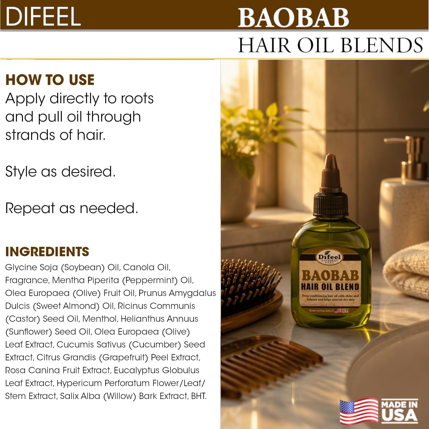 Difeel Premium Deep Conditioning Natural Hair Care Oil - Baobab, nourishes dry skin, adds shine and balance, leaves hair silky and smooth 70g - Image 8