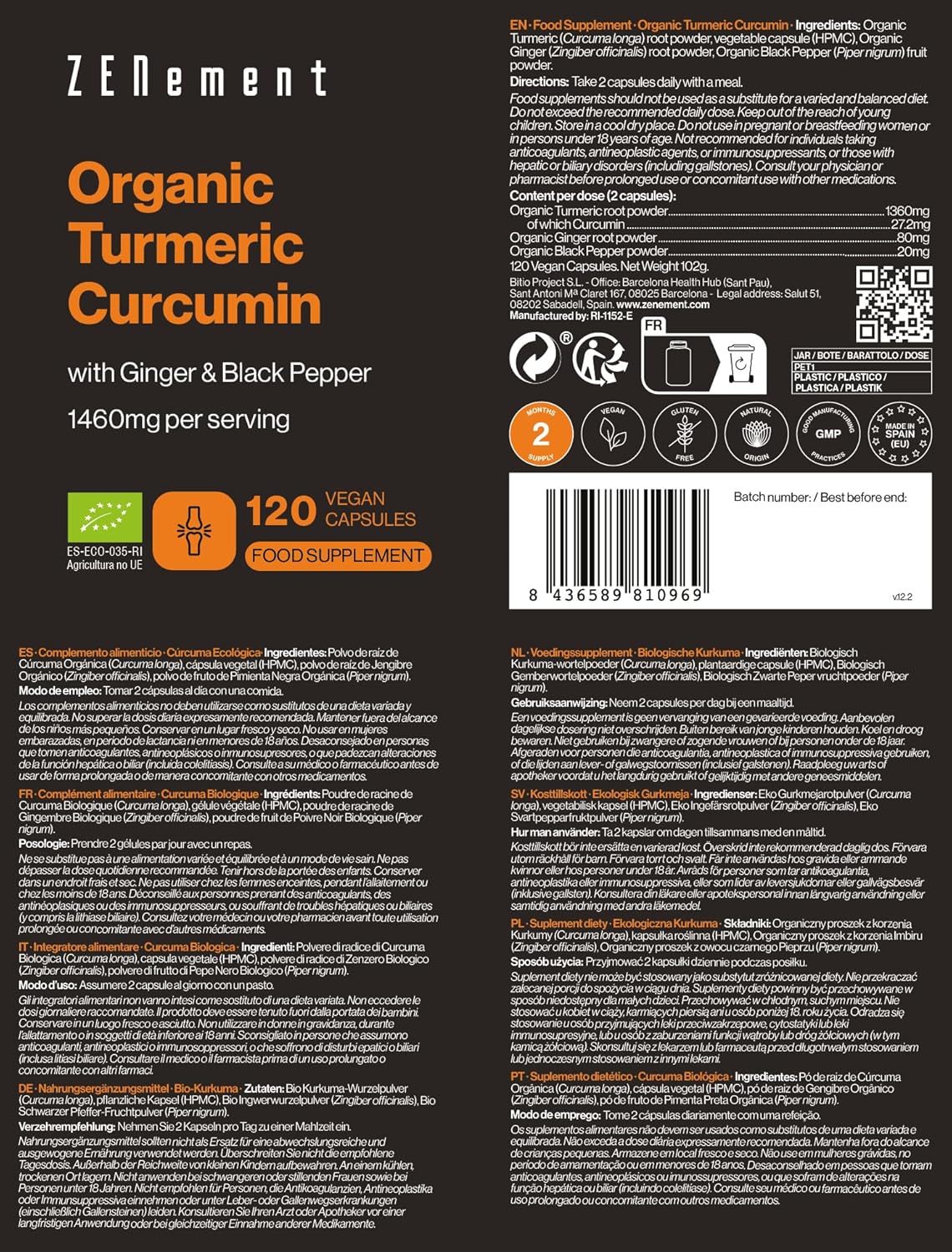 Ecological Turmeric - 1460mg per Serving (2 Capsules) with Ginger and Black Pepper - 100% Ecological and Vegan, High Absorption Synergic Formula - 120 Vegan Capsules, Cure 2 Months - Zenement - Image 5