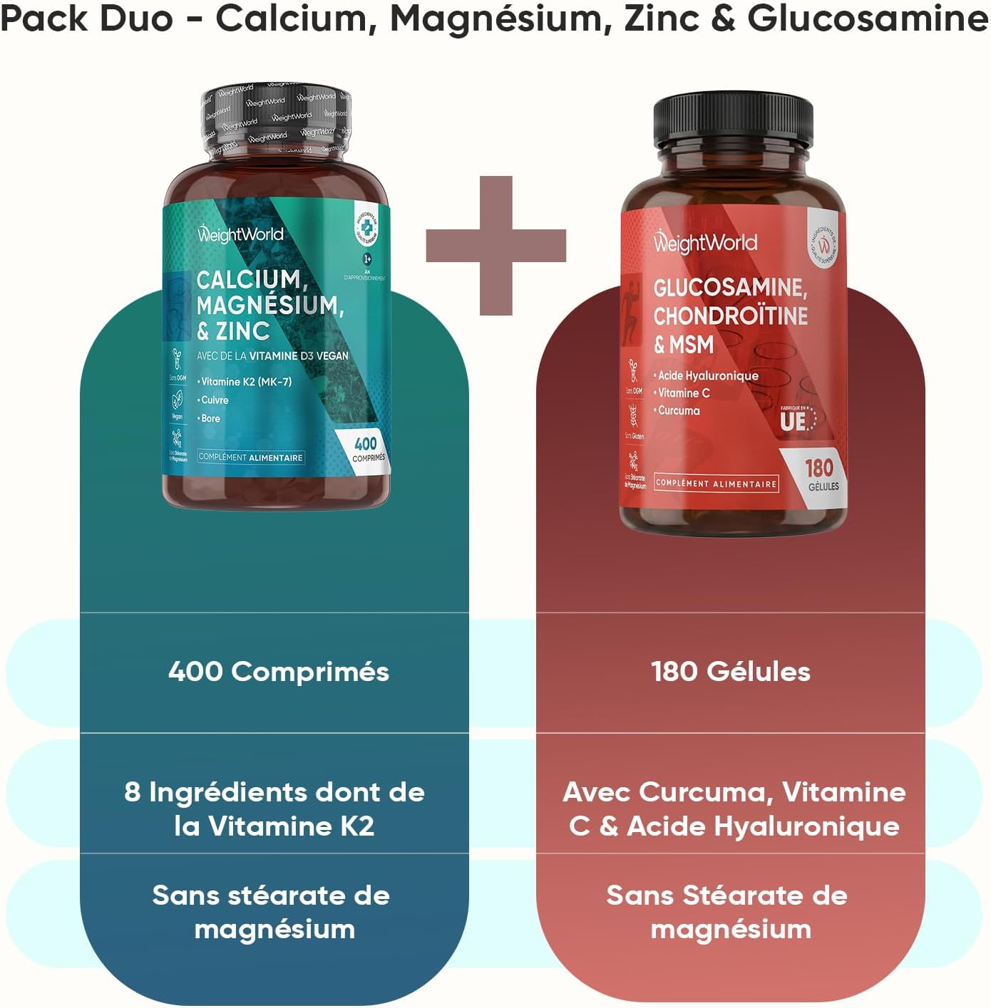 Supplementary Duo - Calcium Magnesium Zinc Vitamin D3 K2 MK7 400 Tablets (+ 1 Year) - Glucosamine Chondroitin MSM 180 Capsules, with Turmeric, Hyaluronic Acid & Vitamin C Ascorbic Acid L - Image 7