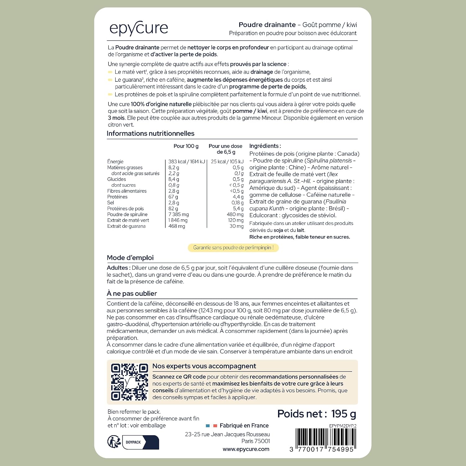 EPYCURE - Draining Powder - Detox, Weight Control, Natural Appetite Suppressant - 100% Natural - Guarana, Green Mate, Spirulina - 1 Month - Lactose Free, Gluten Free - Kiwi Apple - Image 6