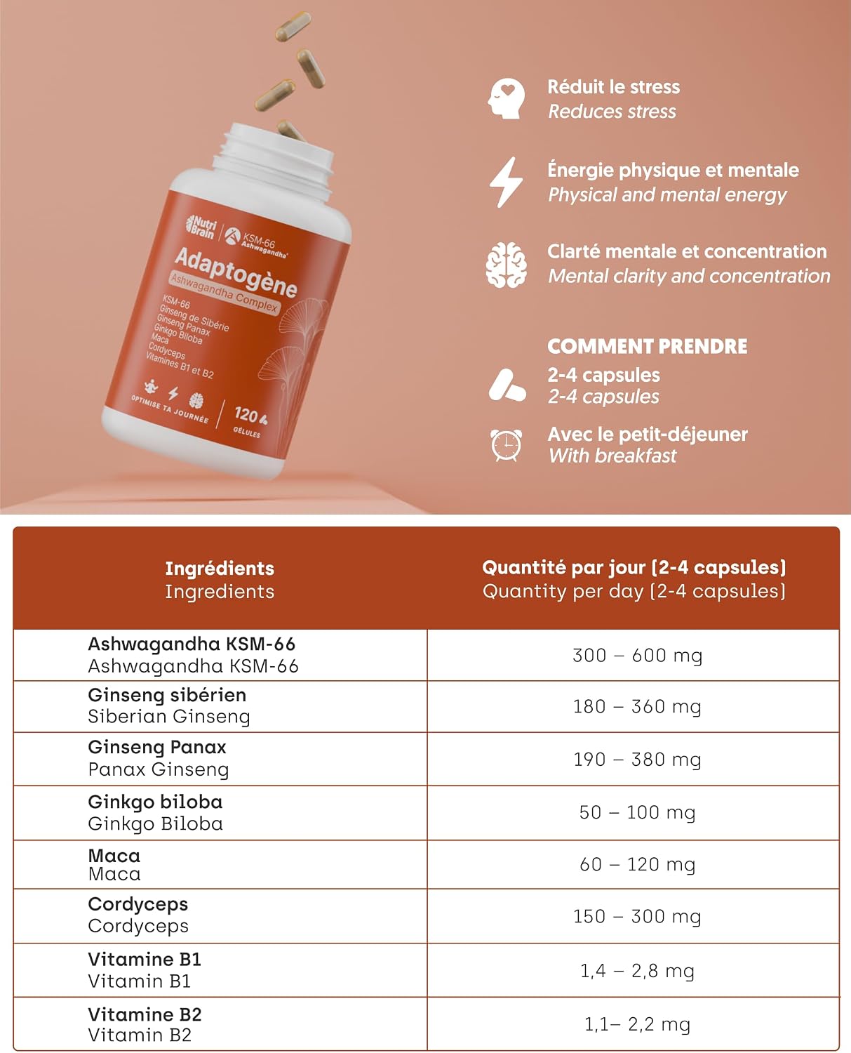 Ashwagandha Complex with KSM-66, Ginseng, Ginkgo Biloba, Maca, Cordyceps, Vitamins B1-B2 | Adaptogen Anti-Stress, Balance, Energy, Performance | 120 Capsules | Vegan, Non-GMO, Gluten Free - Image 7