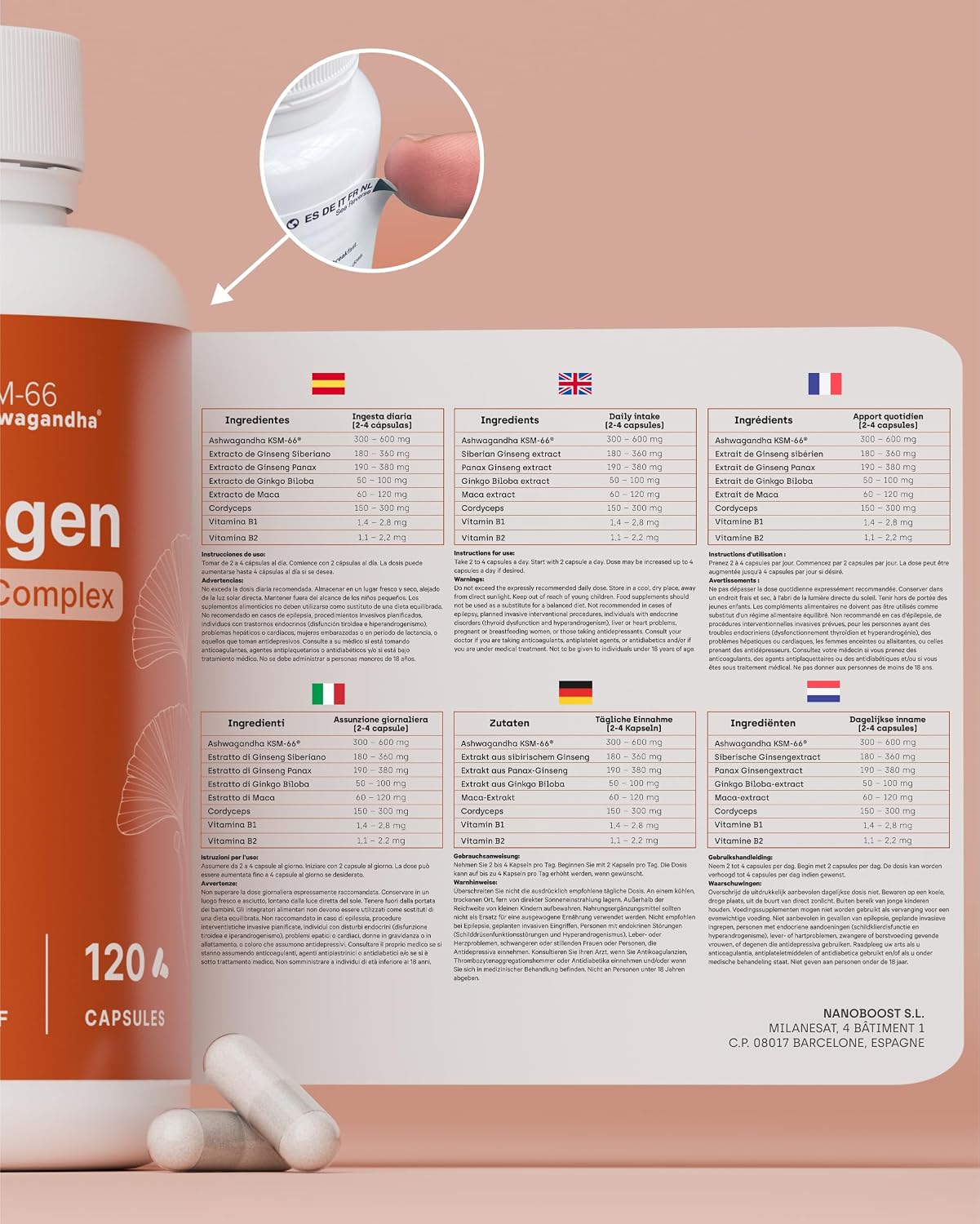 Ashwagandha Complex with KSM-66, Ginseng, Ginkgo Biloba, Maca, Cordyceps, Vitamins B1-B2 | Adaptogen Anti-Stress, Balance, Energy, Performance | 120 Capsules | Vegan, Non-GMO, Gluten Free - Image 9