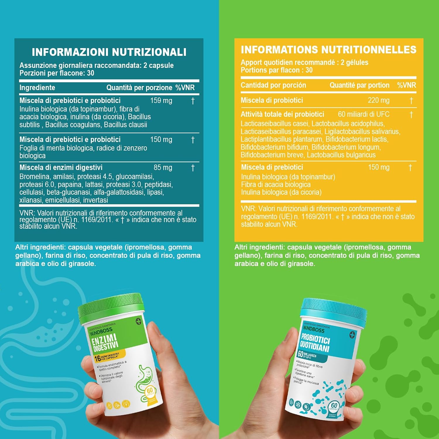 WindBoss Probiotics 60 Billion CFUs and Digestive Enzymes, 16 Enzymes to Relieve Bloating and Promote Intestinal Depurin, with Organic Prebiotics and Double Fibre - 120 Capsules - Image 3