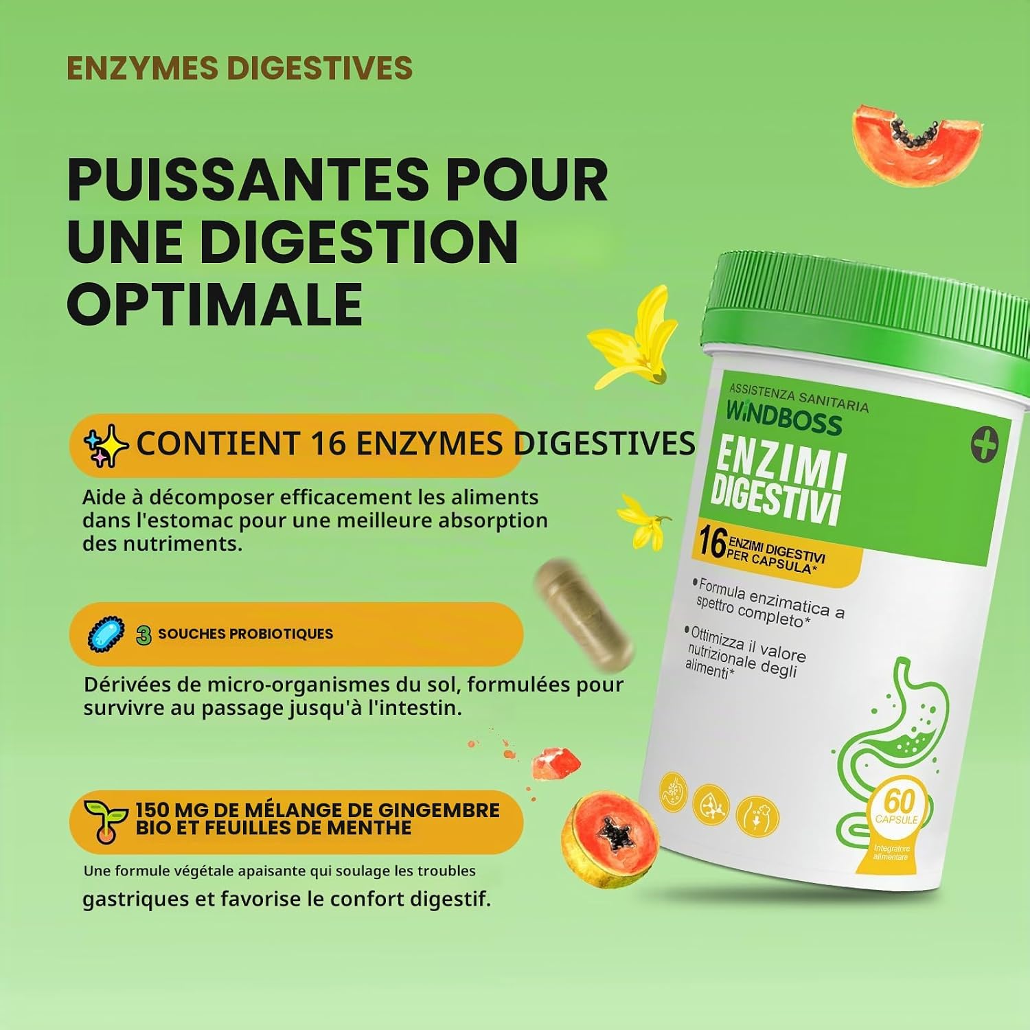 WindBoss Probiotics 60 Billion CFUs and Digestive Enzymes, 16 Enzymes to Relieve Bloating and Promote Intestinal Depurin, with Organic Prebiotics and Double Fibre - 120 Capsules - Image 4