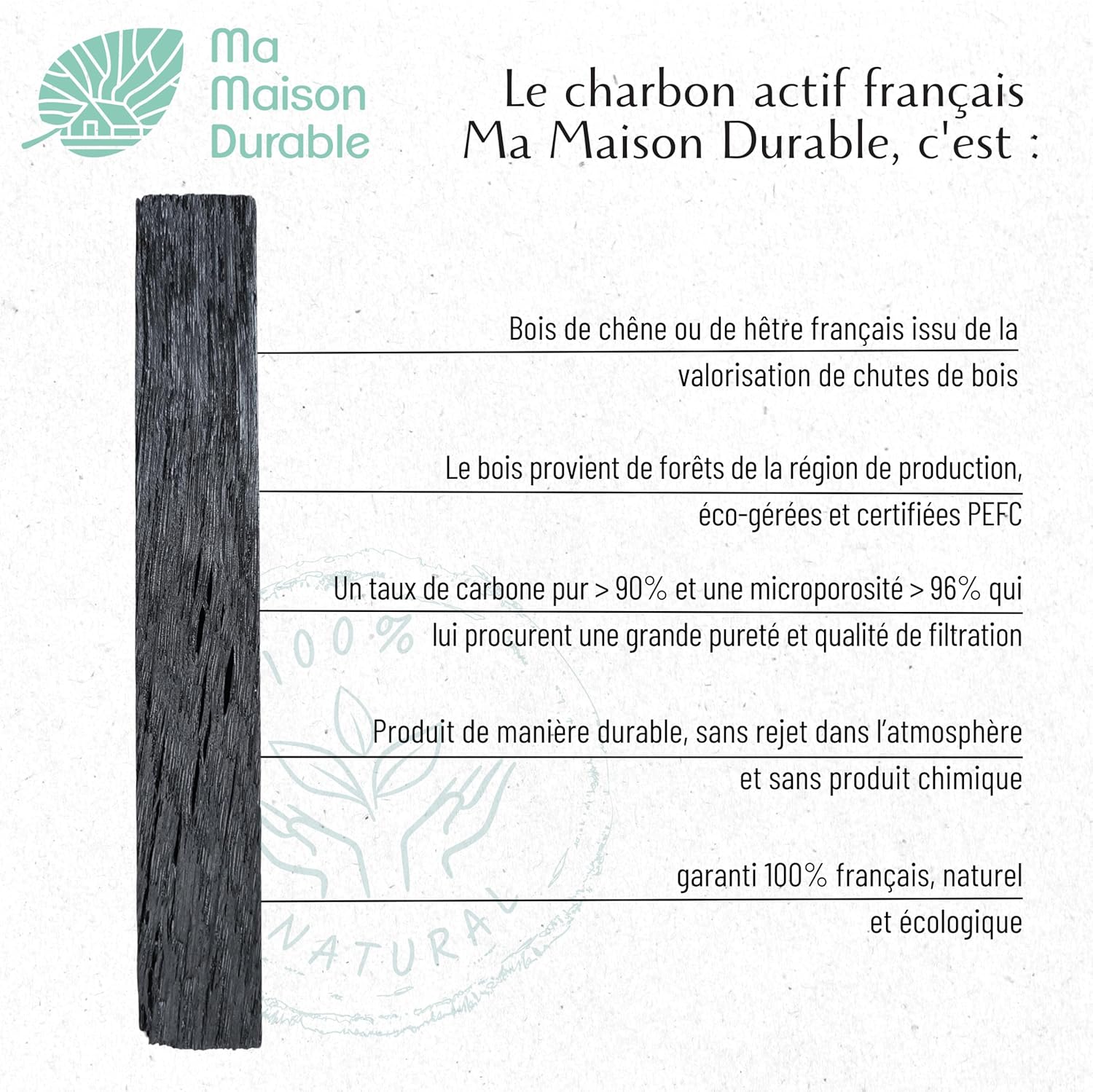 French Vegetable Activated Carbon Sticks x 3 pcs | Filtration 1L/Stick for 6 Months | Natural Water Purifier Filter | Oak or French Beech | Ideal for Carafe, Bottle - Image 3