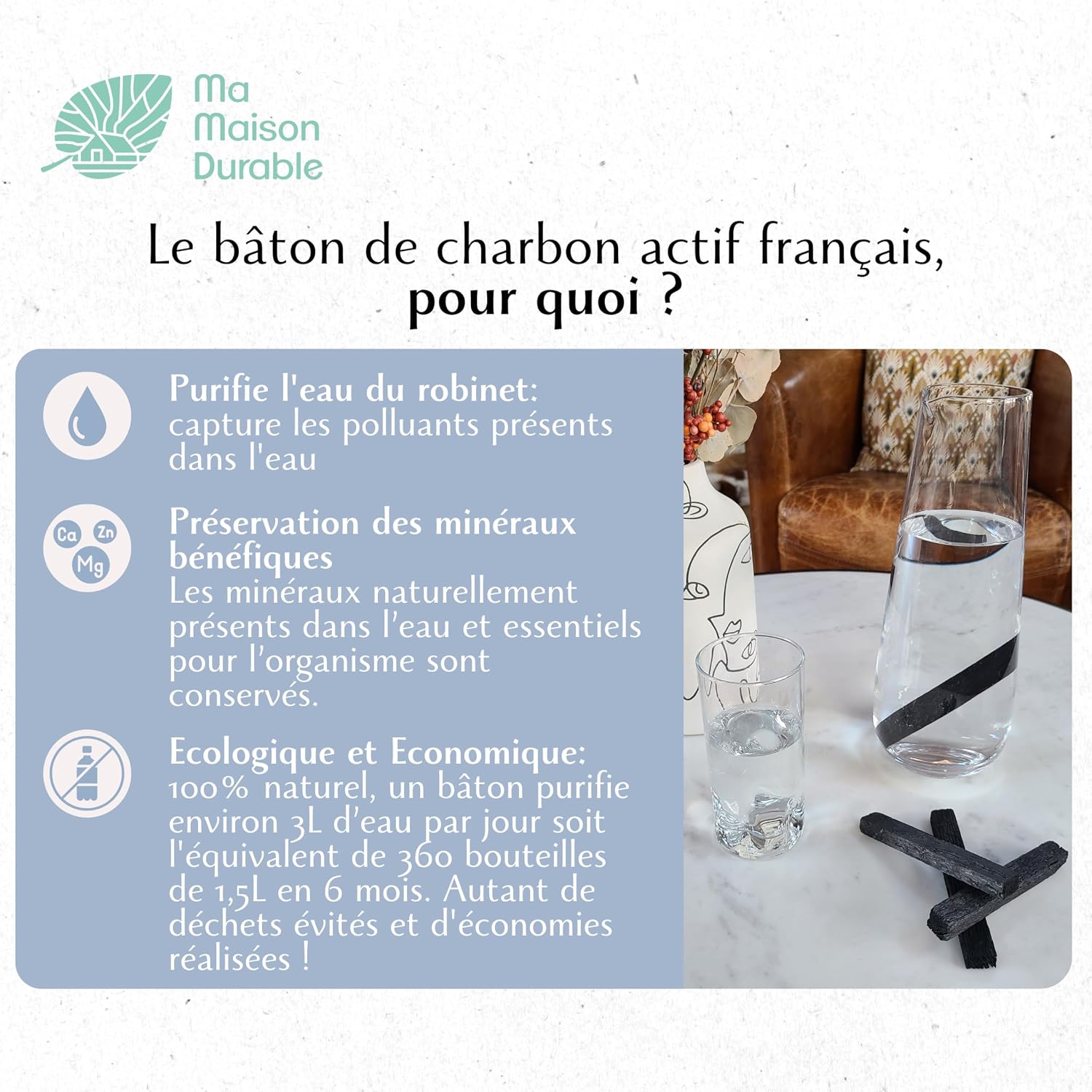French Vegetable Activated Carbon Sticks x 3 pcs | Filtration 1L/Stick for 6 Months | Natural Water Purifier Filter | Oak or French Beech | Ideal for Carafe, Bottle - Image 4