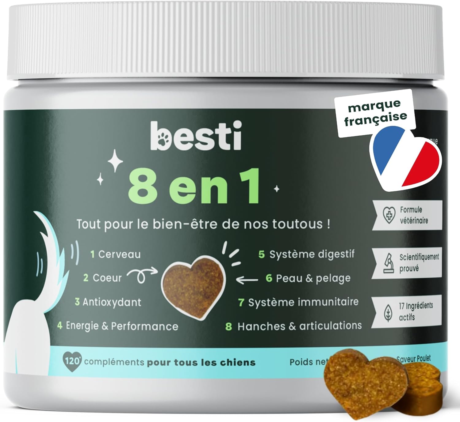 BESTI - 8 in 1 | 120 Premium Multi-Vit Dog Food Supplements | Vitality, Probiotics, Joints, Coat, Heart, Brain | French Brand - Veterinary Formula | Chicken | 300g - Image 2