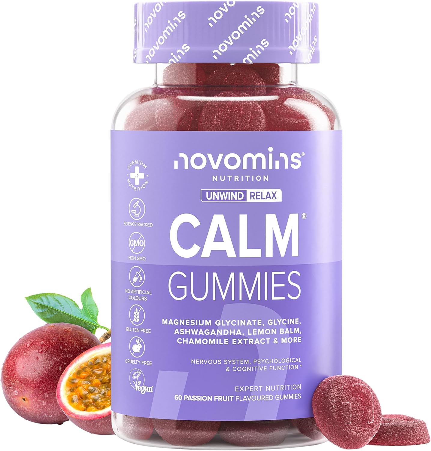 Calme Magnesium Glycinate Gummies – Magnesium, Glycine, Ashwagandha, Chamomile & Lemon Balm + B12 & Iodine – Nervous System & Psychological Functions – Vegan, Gluten Free – 60 Gummies – Novomins - Image 2