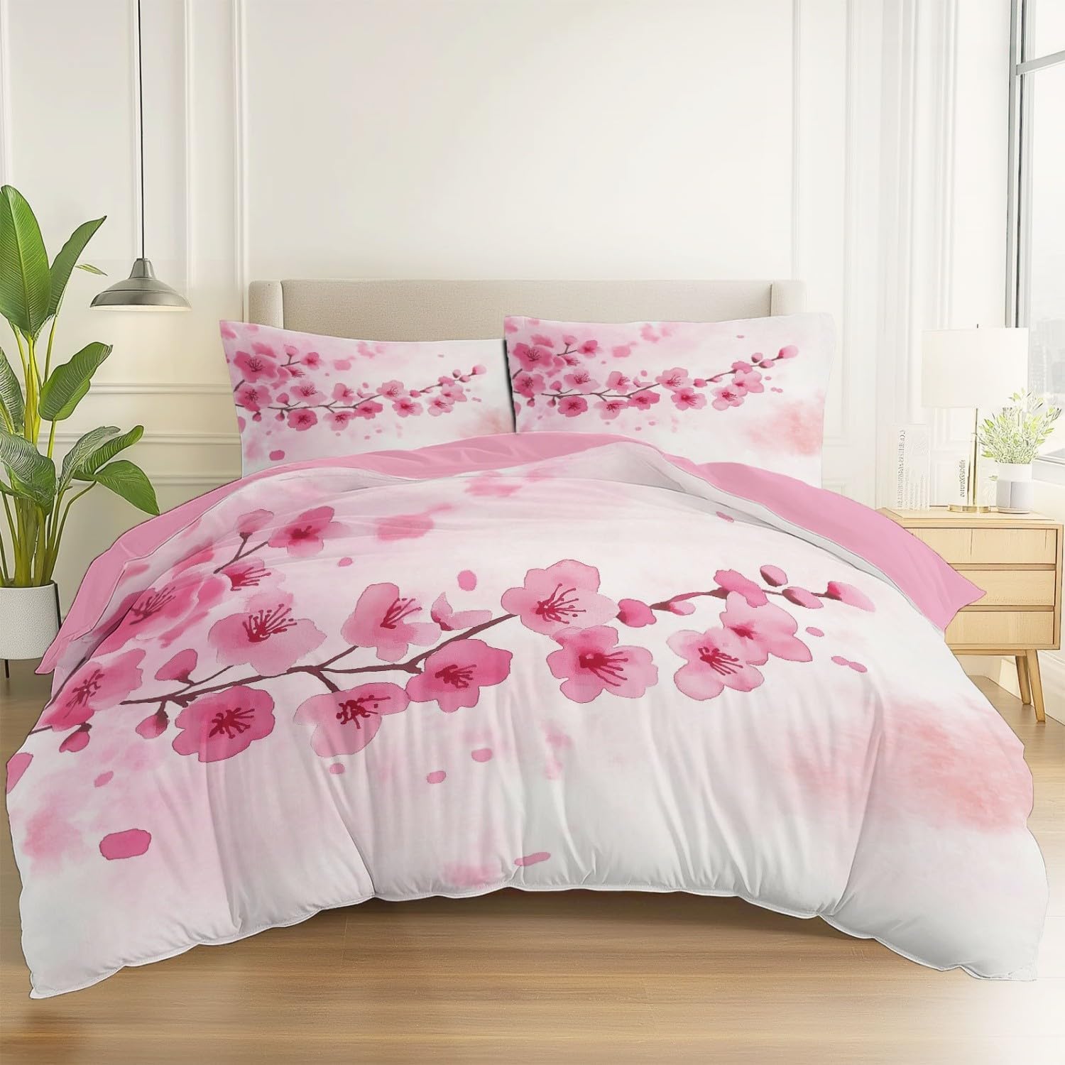 Duvet Cover 140 x 200 cm with 2 Pillowcases – Simple Cherry Blossom Design Reversible Watercolour – Adult Bedding Set Duvet Cover with Zips, Evening Primrose Powder - Image 2