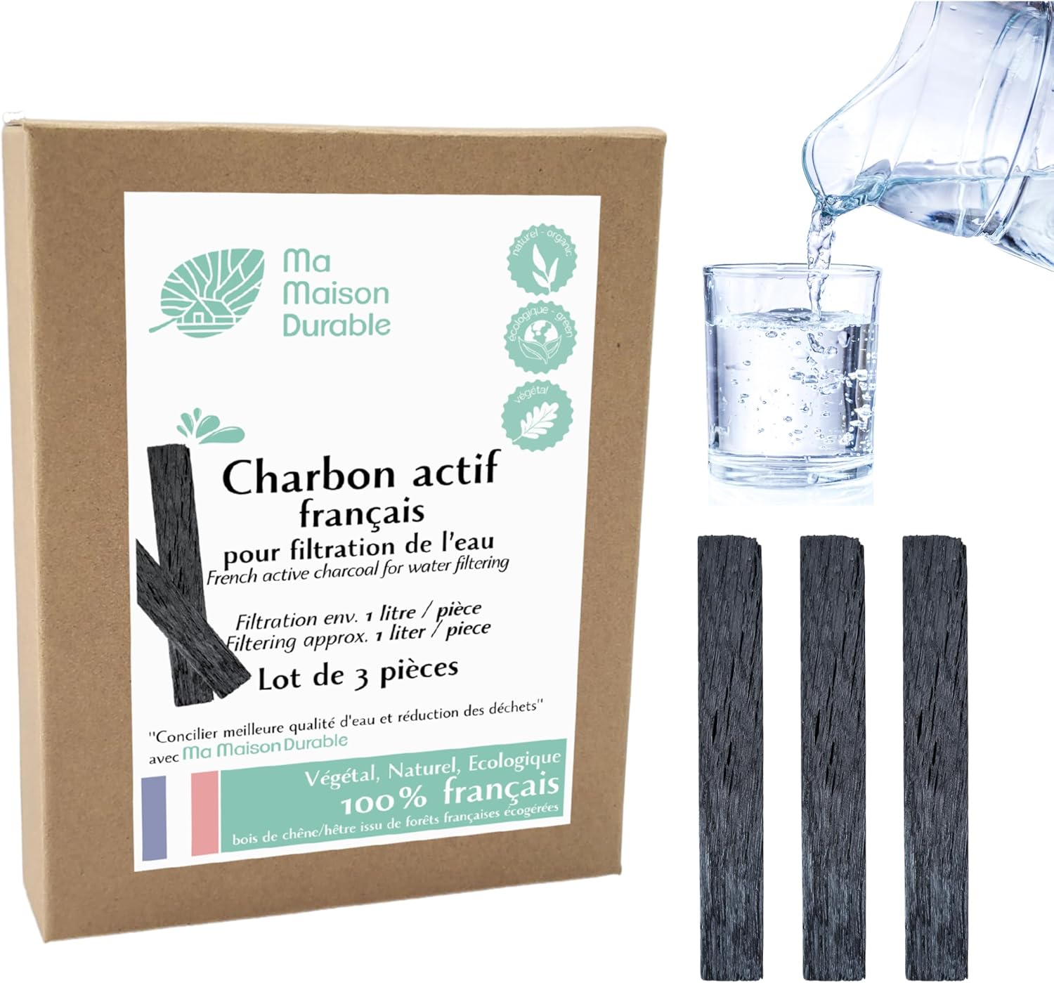 French Vegetable Activated Carbon Sticks x 3 pcs | Filtration 1L/Stick for 6 Months | Natural Water Purifier Filter | Oak or French Beech | Ideal for Carafe, Bottle - Image 2