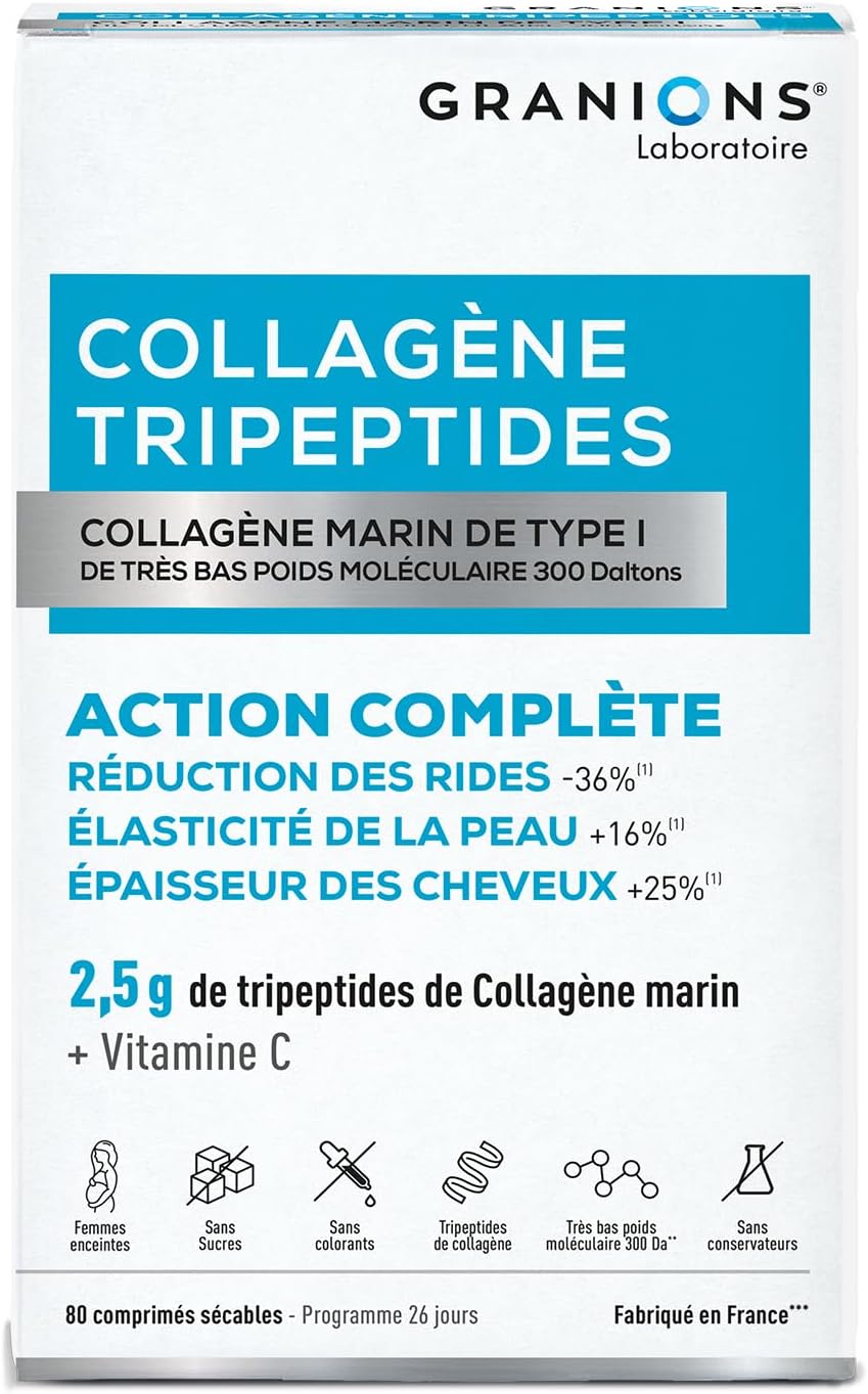 GRANIONS COLLAGENE MARIN TRIPEPTIDES 2.5 g - Anti Wrinkle Marine Collagen Tripeptides (-36%) + Skin Elasticity (+16%) - Vitamin C - Skin & Hair Beauty - Made in France - Sugar Free -80 Tablets - Image 2