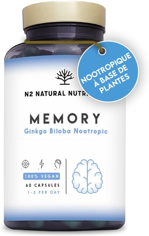 Ginkgo Biloba Nootropic. Cafeine Vitamin B6 Bacopa Green Tea Improves Concentration Memory, Anxiety and Mood, Anti Fatigue, Helps General Well-Being, Vegan 60 Capsules N2 Natural Nutrition - Image 2