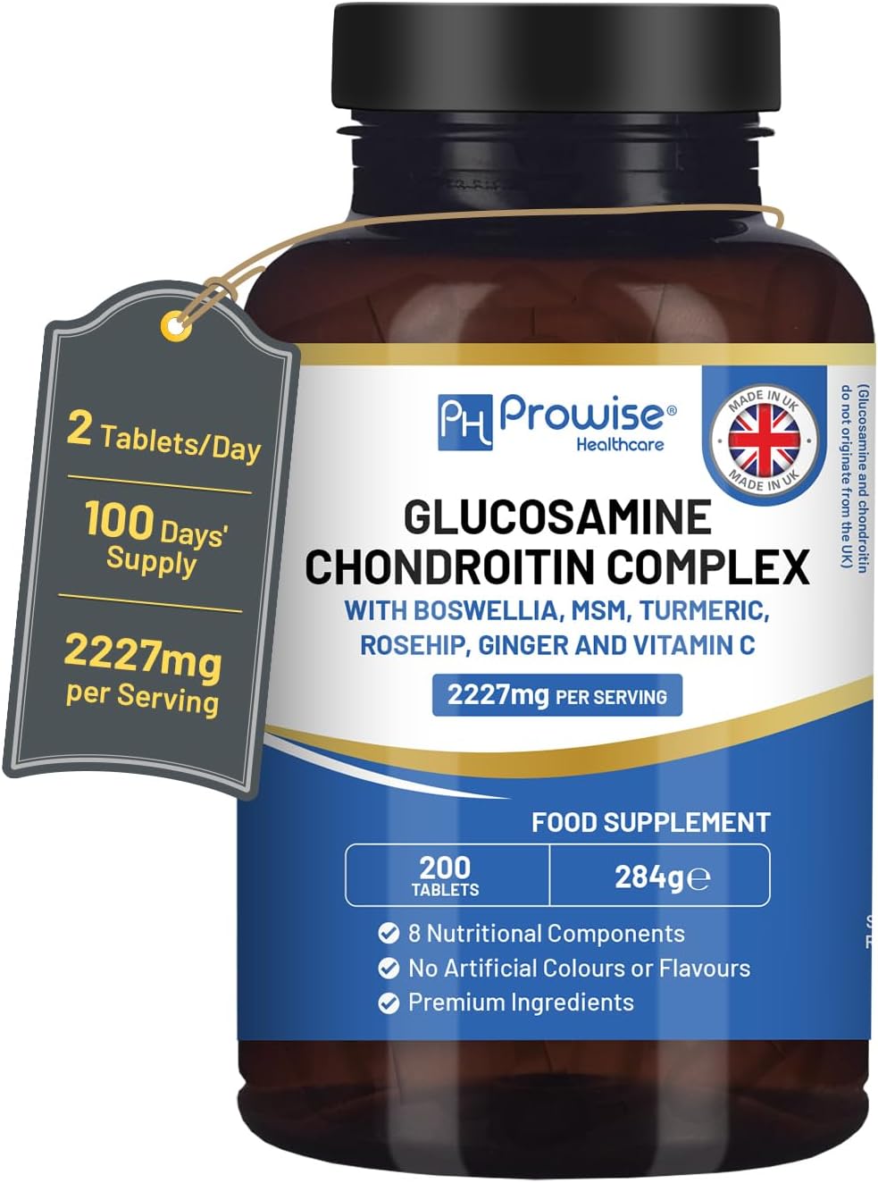 Glucosamine & Chondroitin Complex 2227mg Per Serving | 200 High Strength Tablets | 8 Nutritional Components | Made in the UK by Prowise - Image 2