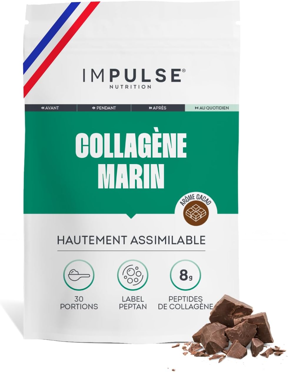 Impulse Nutrition - Hydrolyzed Marine Collagen Type 1 Peptan Powder with Vitamin C - Food Supplement Recovery, Joints & Skin - 270g - Chocolate Flavour - Made in France - Image 2