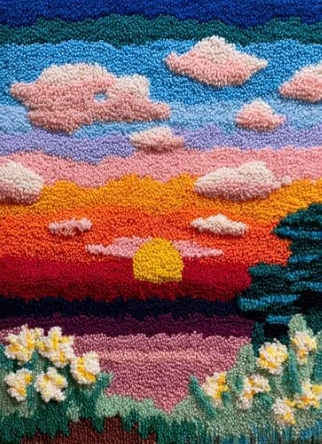 Kit de tapis à crocheter « Onagre et coucher de soleil » avec housse de tapis pré-imprimée,coussin à réaliser soi-même,kit de loisirs créatifs au crochet pour la décoration du sol,38x52 cm - Image 2