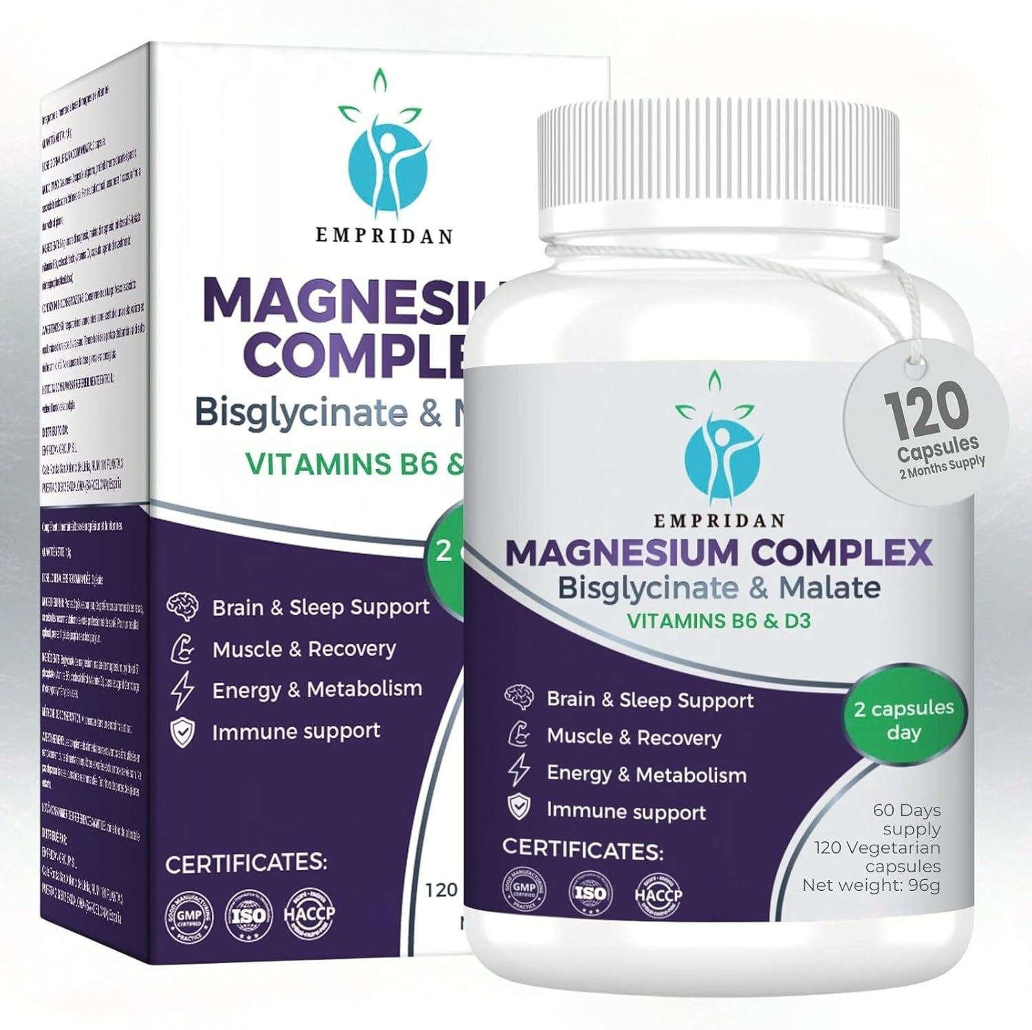 Magnesium Bisglycinate and Malate Complex (230mg Elemental Magnesium) – High Absorption with Vitamin B6 and D3 – 120 Vegetable Capsules – Energy, Sleep and Muscle – EMPRIDAN - Image 2
