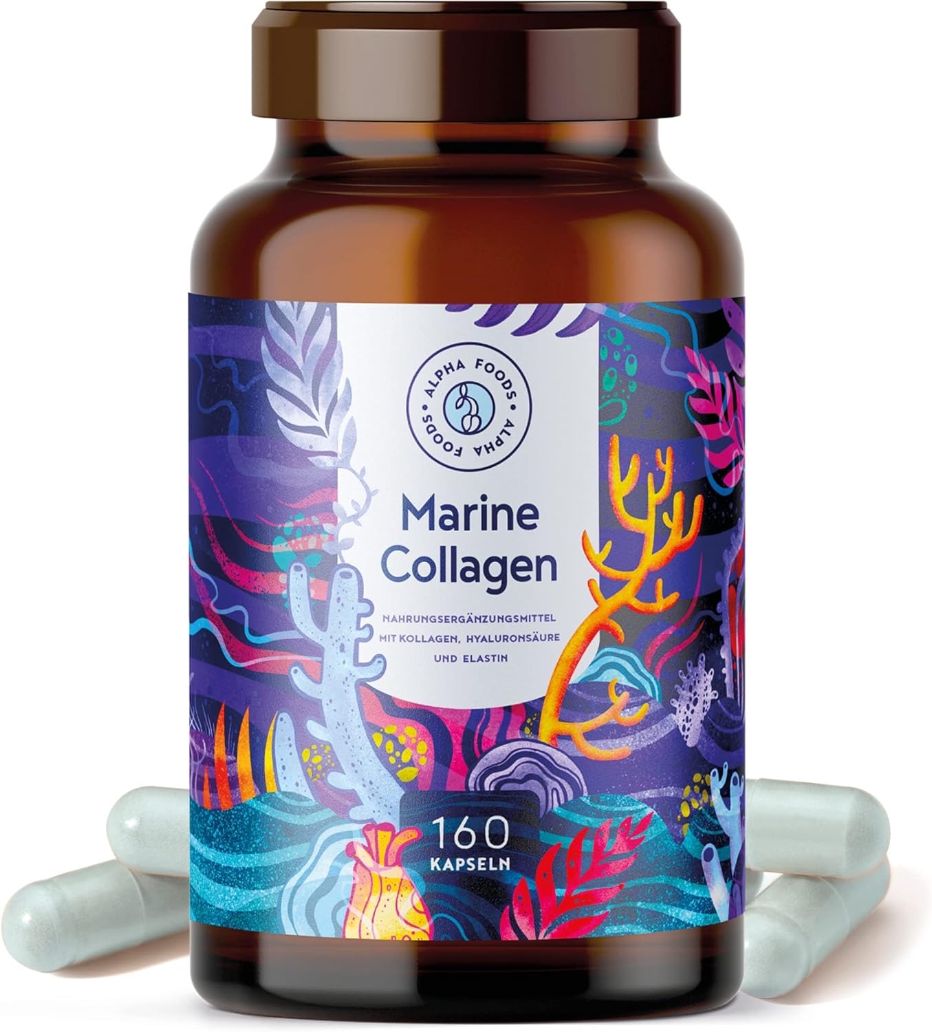 Marine Collagen & Hyaluronic Acid | 160 Capsules | Pure Hydrolyzed Collagen with Blue Spirulina & Marine Elastin | Collagen Peptides (Type I, II, III & IV) | Skin, Hair & Nails | Alpha Foods - Image 2