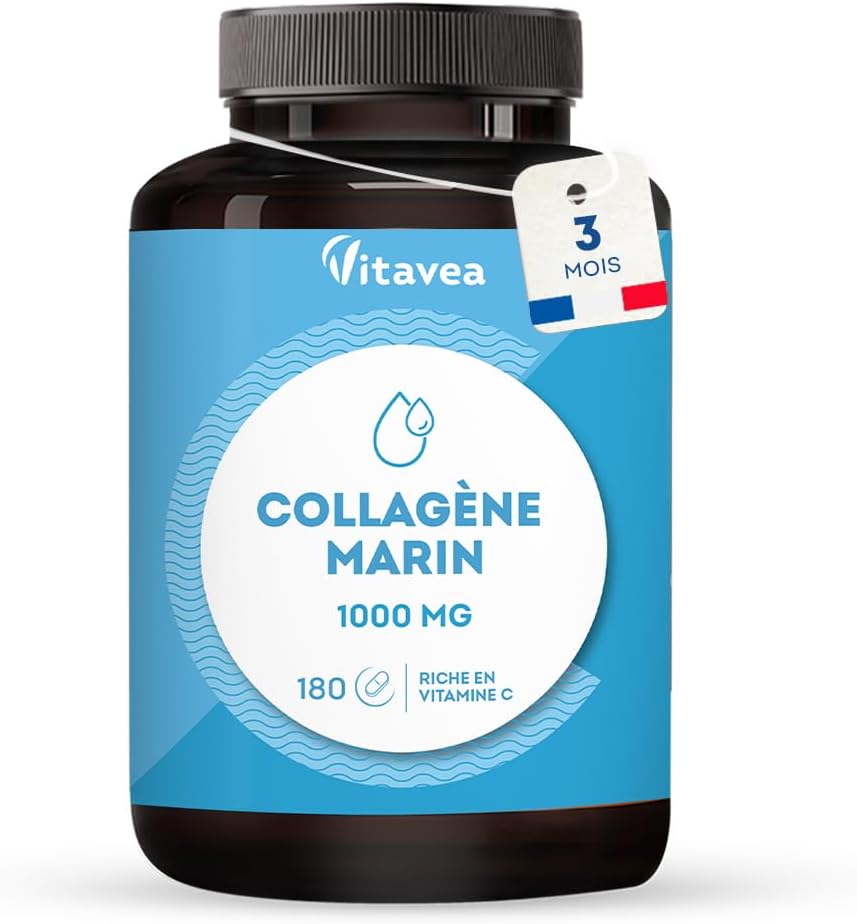 Marine Collagen Type 1&3, 1000mg | Low molecular weight, high absorption | Hydrolyzed Marine Peptides | With Vitamin C | Skin & Joints | 180 tablets, 3 months | Made in France | Vitavea - Image 2