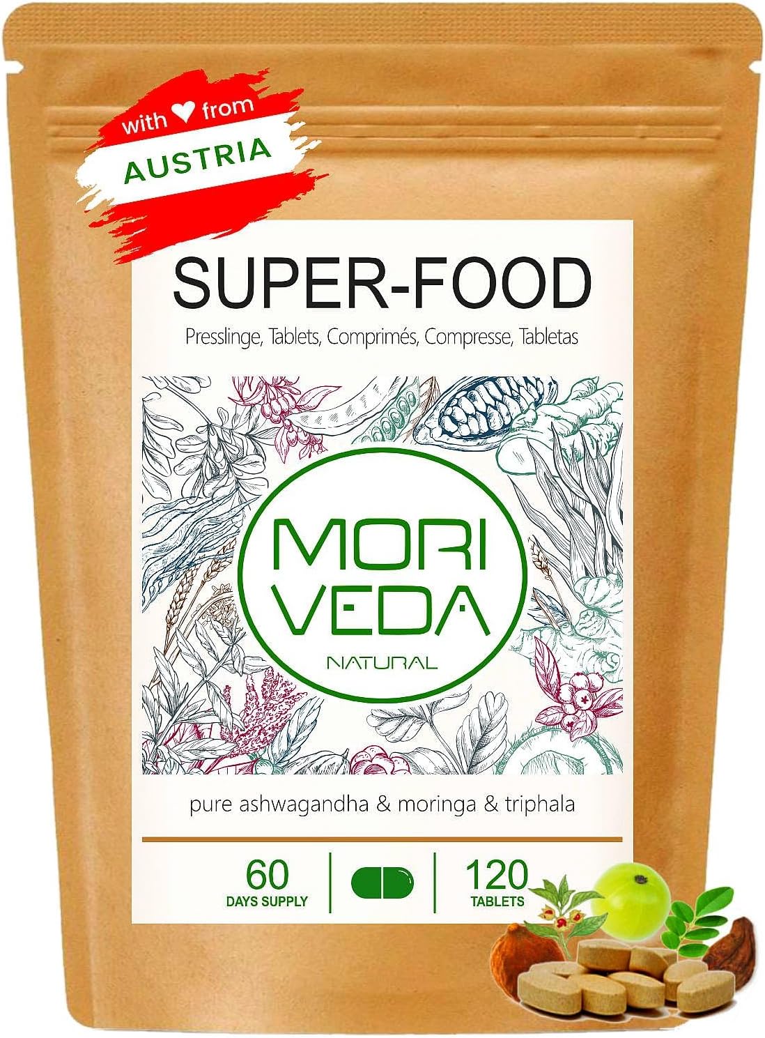 MoriVeda Superfood Tablets 1000mg | Moringa + Ashwagandha + Triphala Blend | Nutrient Supplier for up to 2 Months | 120 Tablets - Image 2