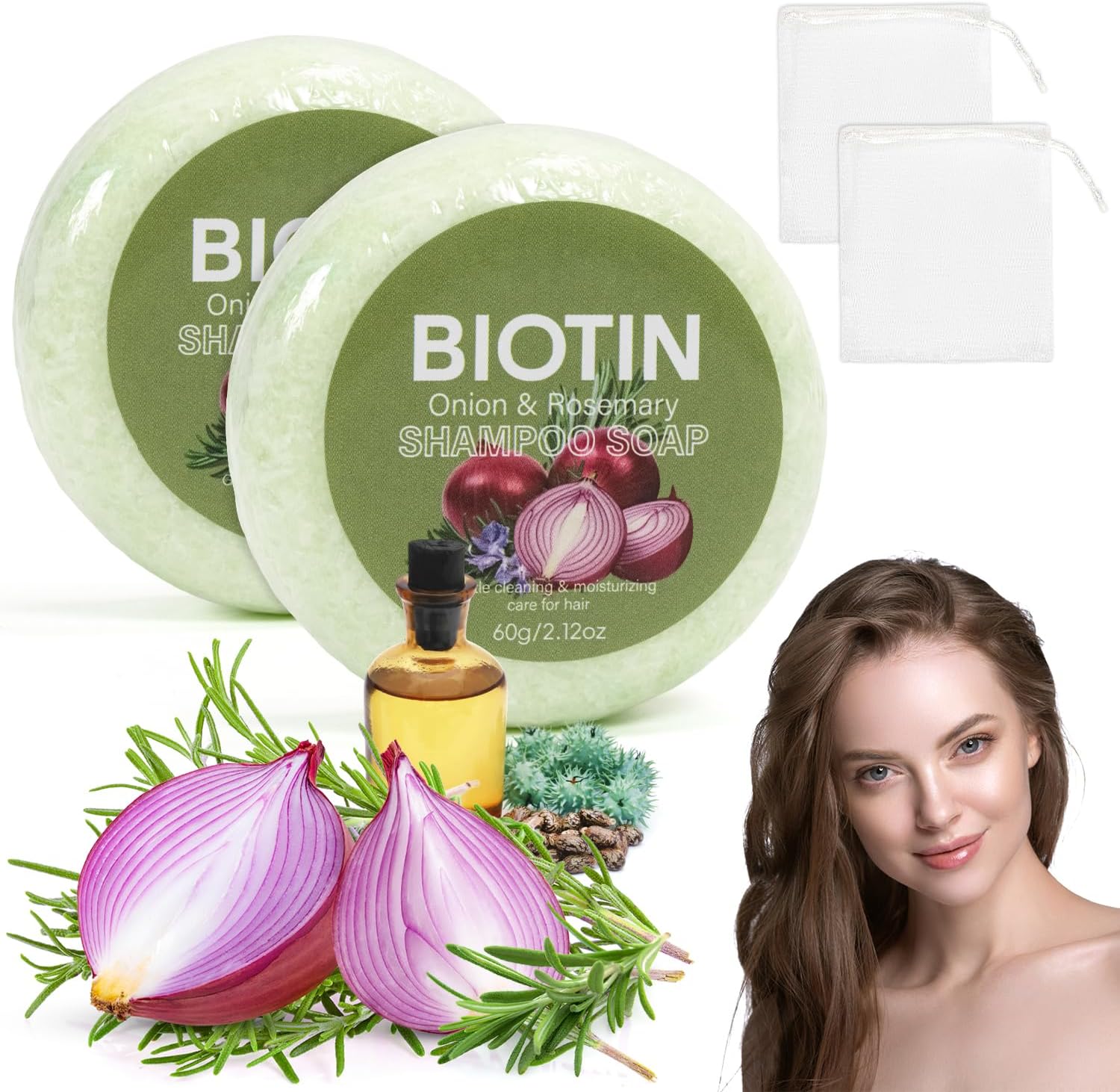 Onion Biotin Shampoo Bar for Growth, Cleans and Nourishes Scalp Smoothly, Promoting Hair Growth and All Hair Types (Green) - Image 2