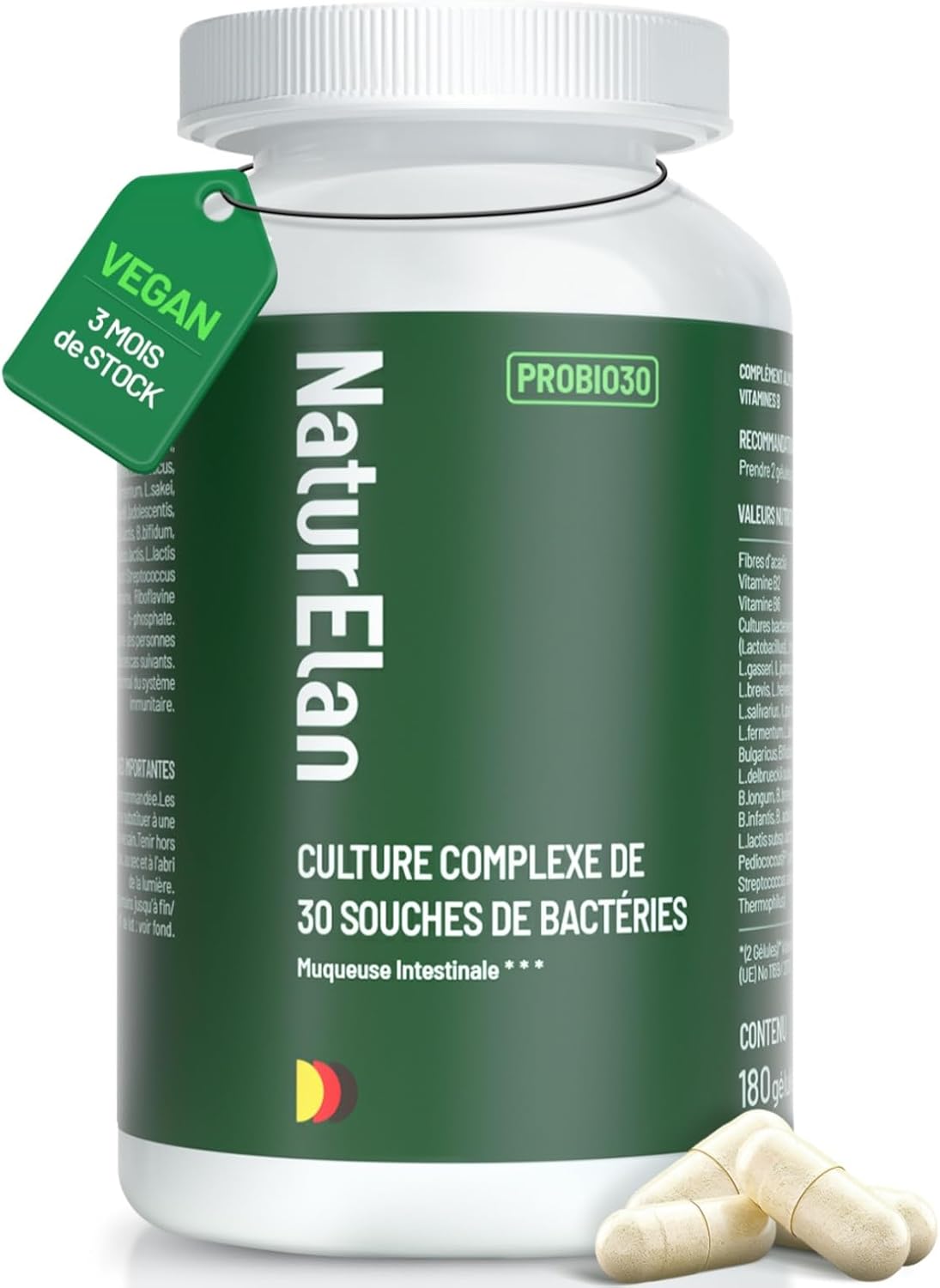 Probiotic Intestinal Flora | 30 Bacteria Strains | 180 Capsules | 20 Billion CFU/day | With Active B Complex and Acacia Fiber | Gastro-Resistant & Vegan | Lactobacillus & Bifidobacteria - Image 2