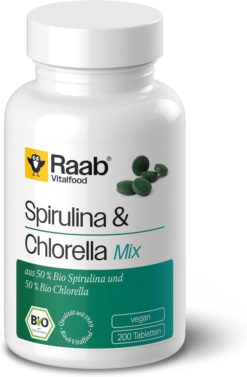 RAABVITALFOOD ALGA SPIRULINA+CHLORELLA 440mg 200 comp – easy to integrate into the daily routine, box of 200 tablets, is taken daily as directed and is designed for use in - Image 2
