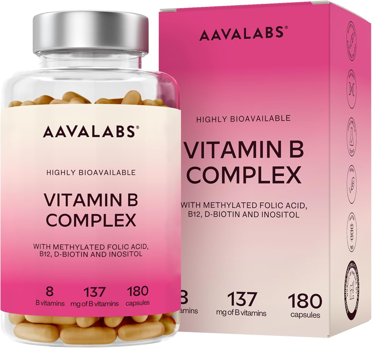 Vitamin B Complex AAVALABS 180 Capsules | Complex of 8 B Vitamins Including Vitamin B12, Vitamin B6, B5, B3, B1 D-Biotin Active Folic Acid (B9) - Vegan Food Supplement for Optimal Energy - Image 2