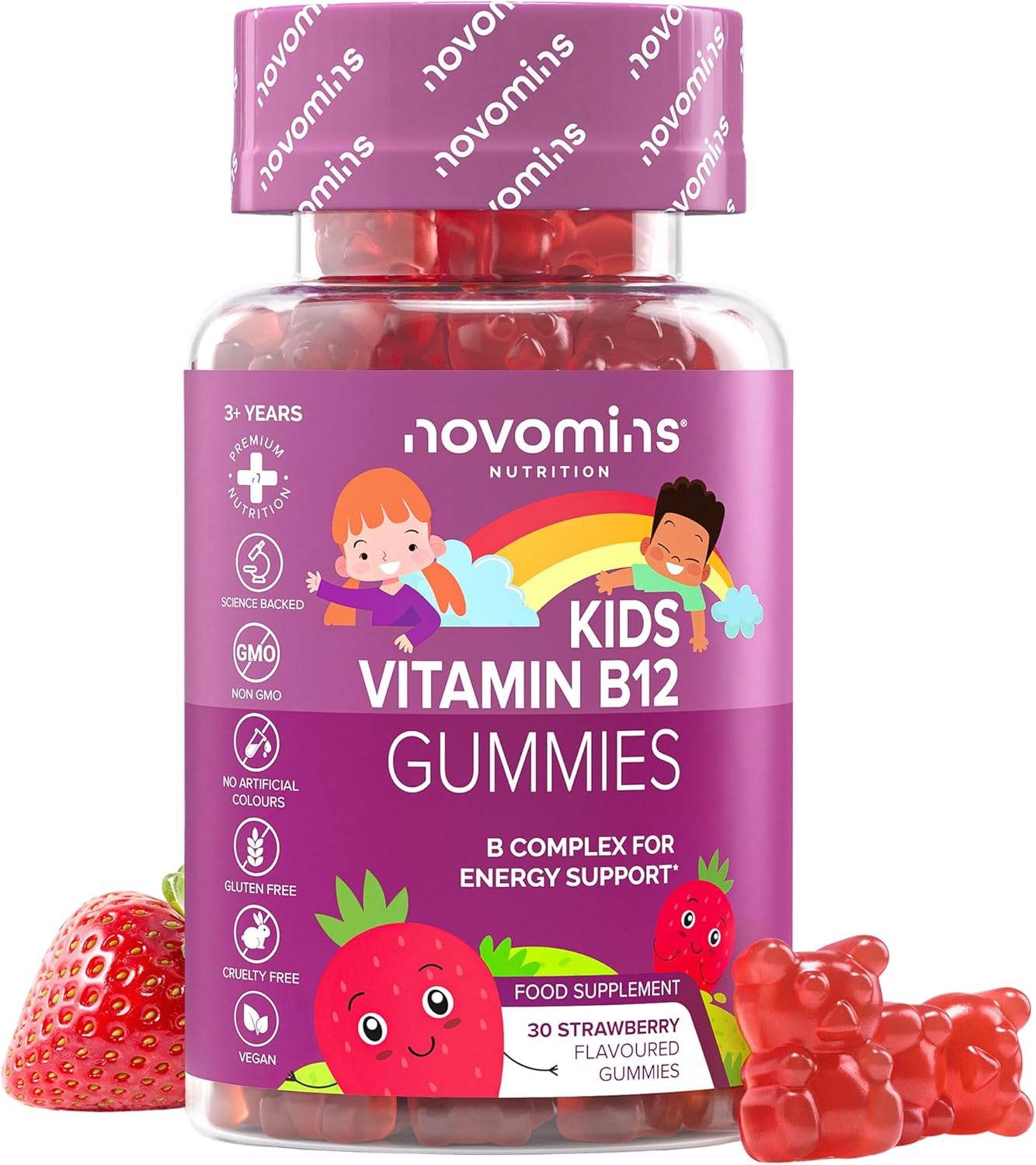 Vitamin B12 Child Gummies - Vitamin B Complex (B1, B2, B6, B12 + Folic Acid & Biotine) - Energy, Nervous System & Fatigue - Vegan, Gluten Free - 30 Strawberry Gummies - Novomins - Image 2