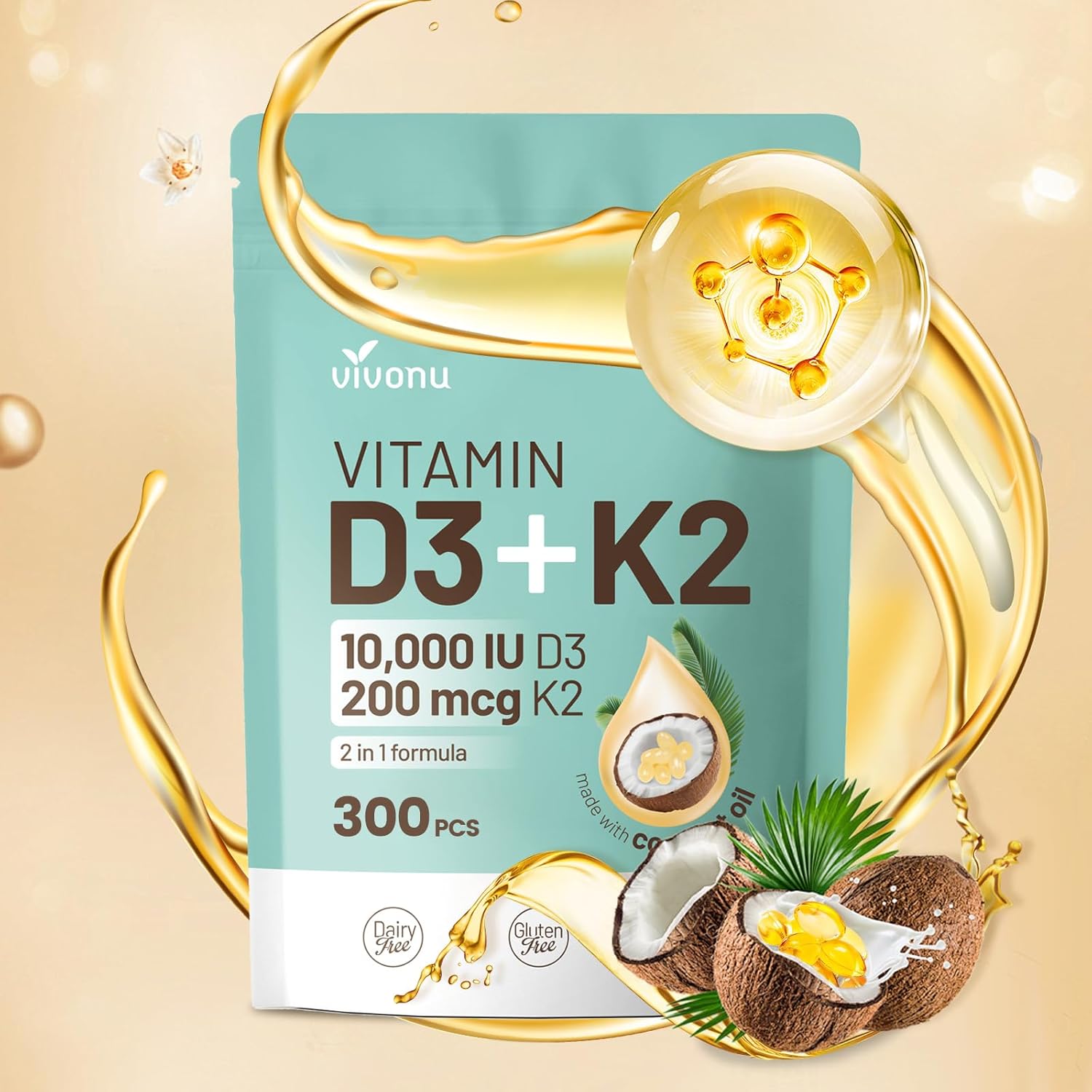Vitamin D3 K2 20000 IU with MK7-300 in Virgin Coconut Oil | Supports Calcium Absorption and Bone Health, Immune System and Heart Health - 60ml - Image 2