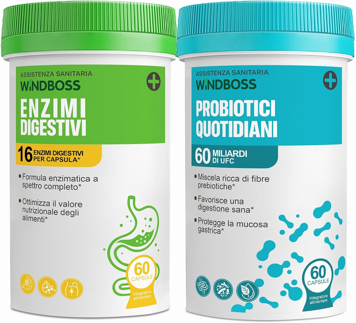 WindBoss Probiotics 60 Billion CFUs and Digestive Enzymes, 16 Enzymes to Relieve Bloating and Promote Intestinal Depurin, with Organic Prebiotics and Double Fibre - 120 Capsules - Image 2