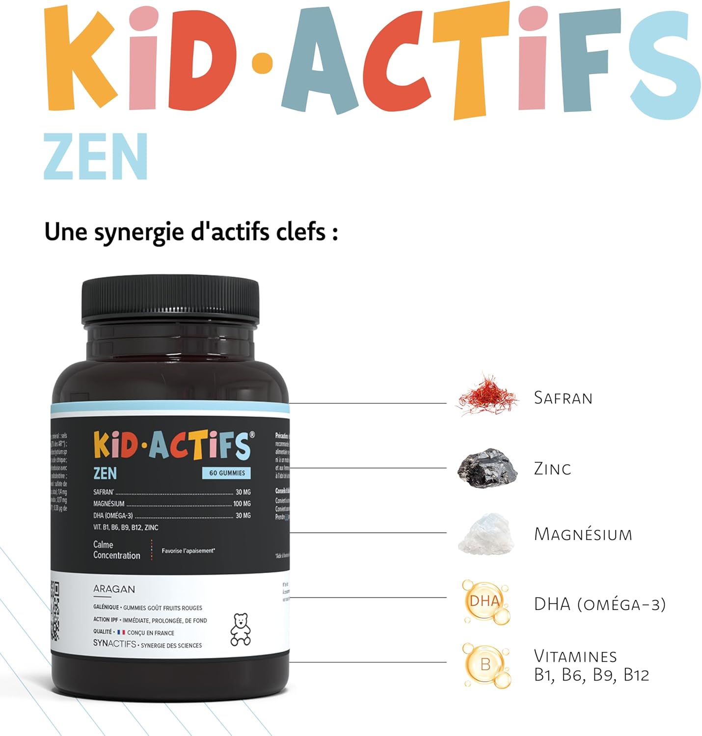 Kidactif Zen Anti-Stress Gummies for Children Red Fruit Flavour - Omega 3, Magnesium, Saffron, Vitamins, Zinc - Over 3 Years - Aragan - 30 Days - Image 3