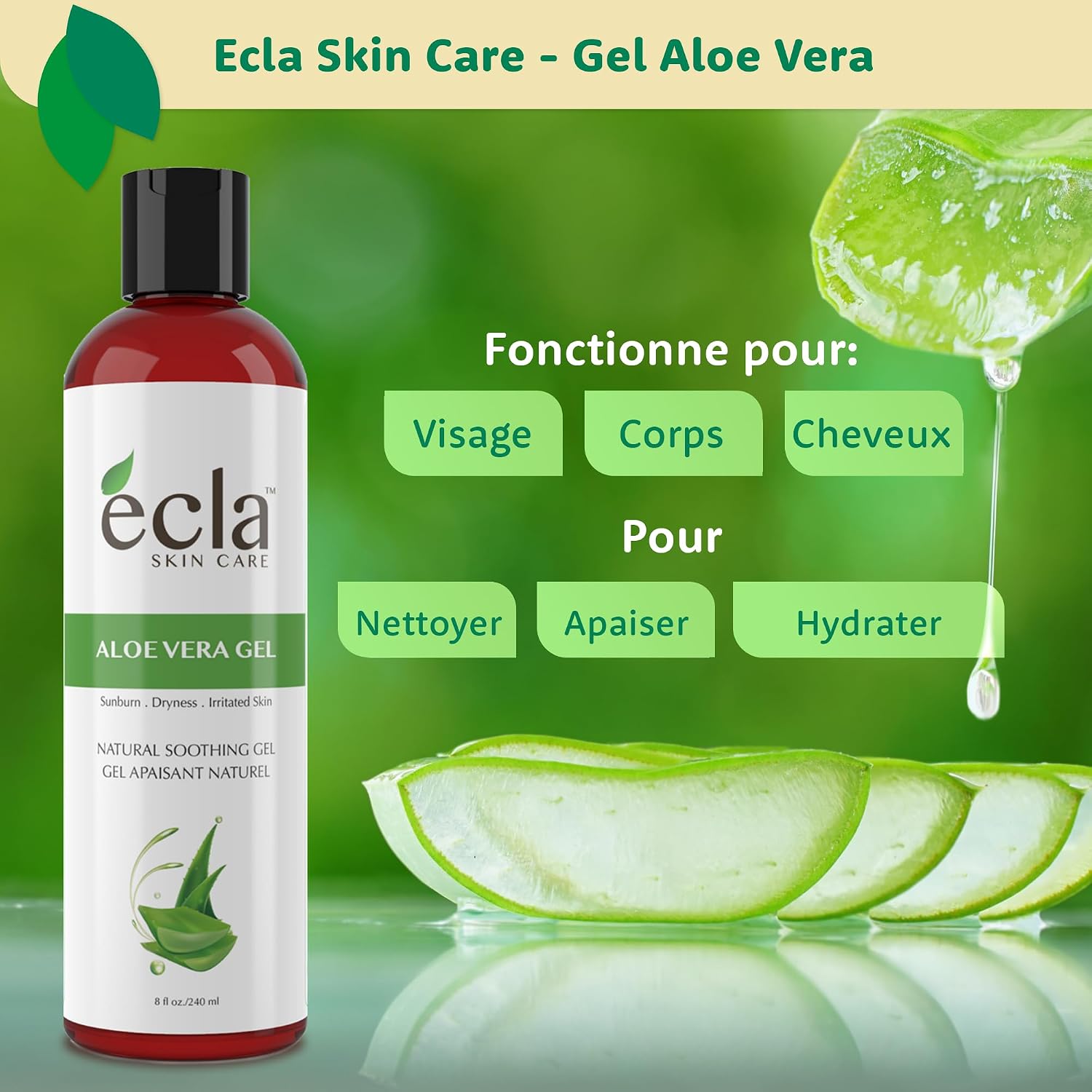 Ecla Skin Care (240 ml) Aloe Vera After Sun Gel, 100% Pure Aloe Vera Gel for Face, Body & Hair, Cold-Pressed Aloe Vera Juice, Organic & Soothing Aloe Vera Gel, Alcohol Free - Image 4