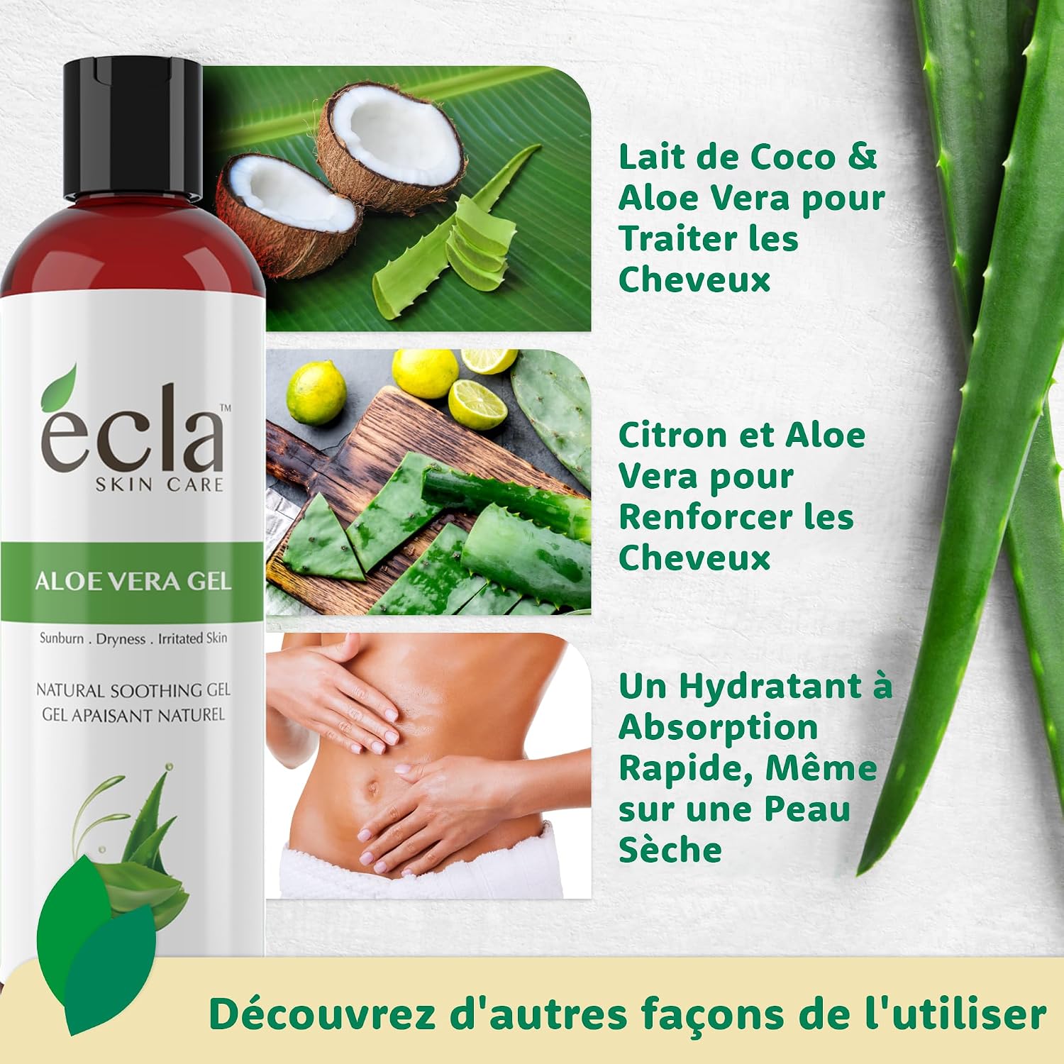 Ecla Skin Care (240 ml) Aloe Vera After Sun Gel, 100% Pure Aloe Vera Gel for Face, Body & Hair, Cold-Pressed Aloe Vera Juice, Organic & Soothing Aloe Vera Gel, Alcohol Free - Image 8