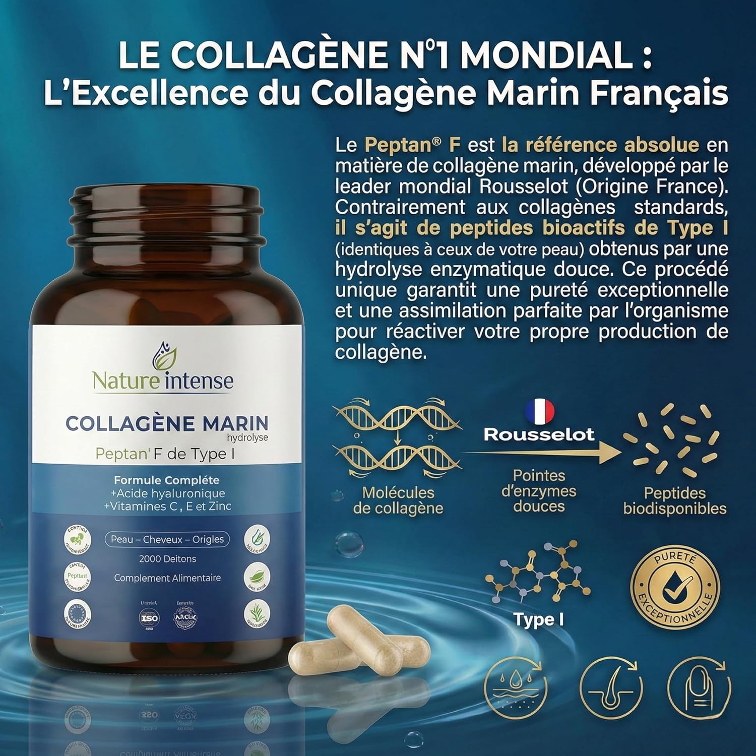 Hydrolysed Marine Collagen Peptan® F & Type I 2000DA Hyaluronic Acid + Vitamin C & Zinc Collagen Supplement for Hair, Skin & Nails 120 Capsules 2 Months - Image 3